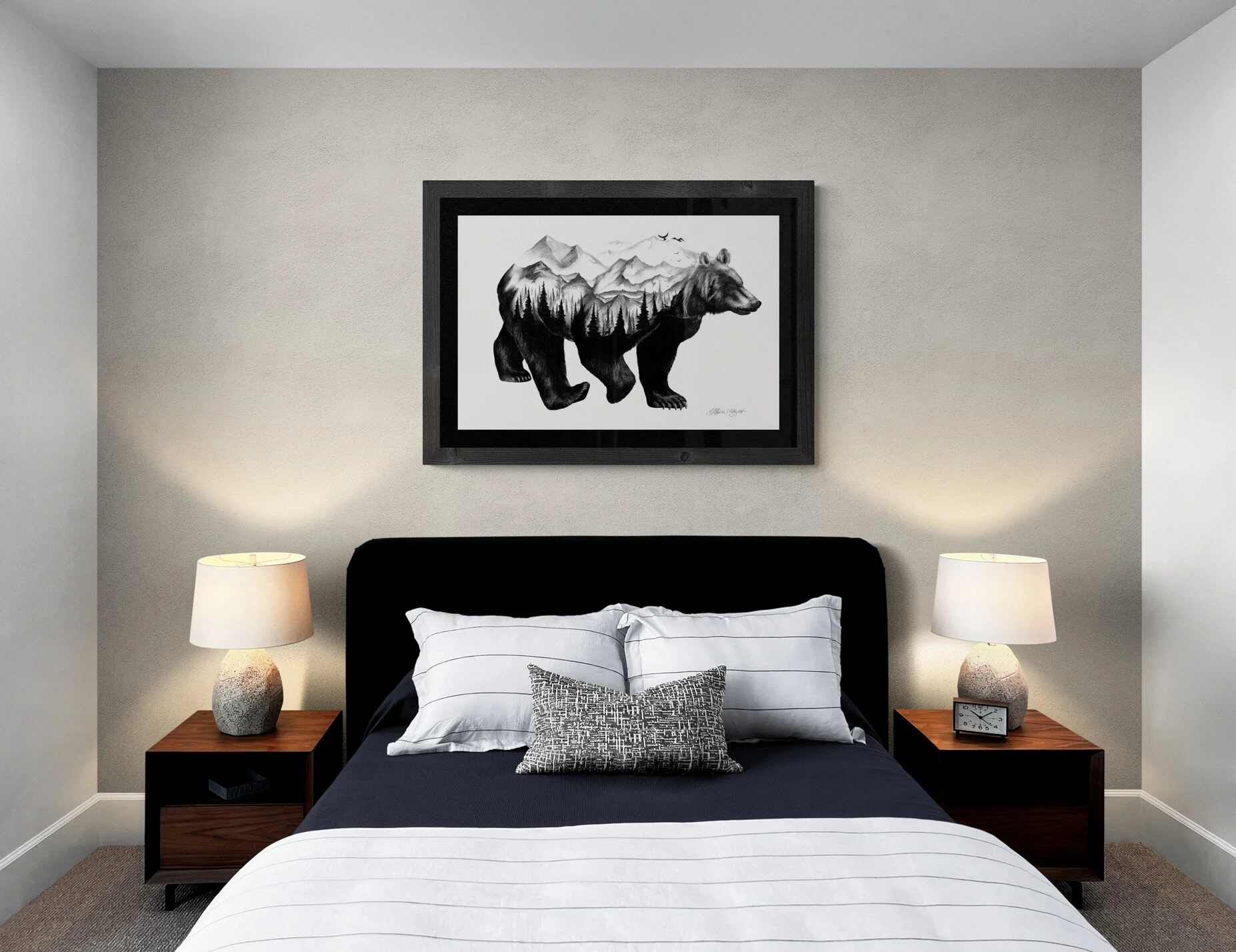 black bear fine art print in frame hanging over bed, double exposure black and white bear art print
