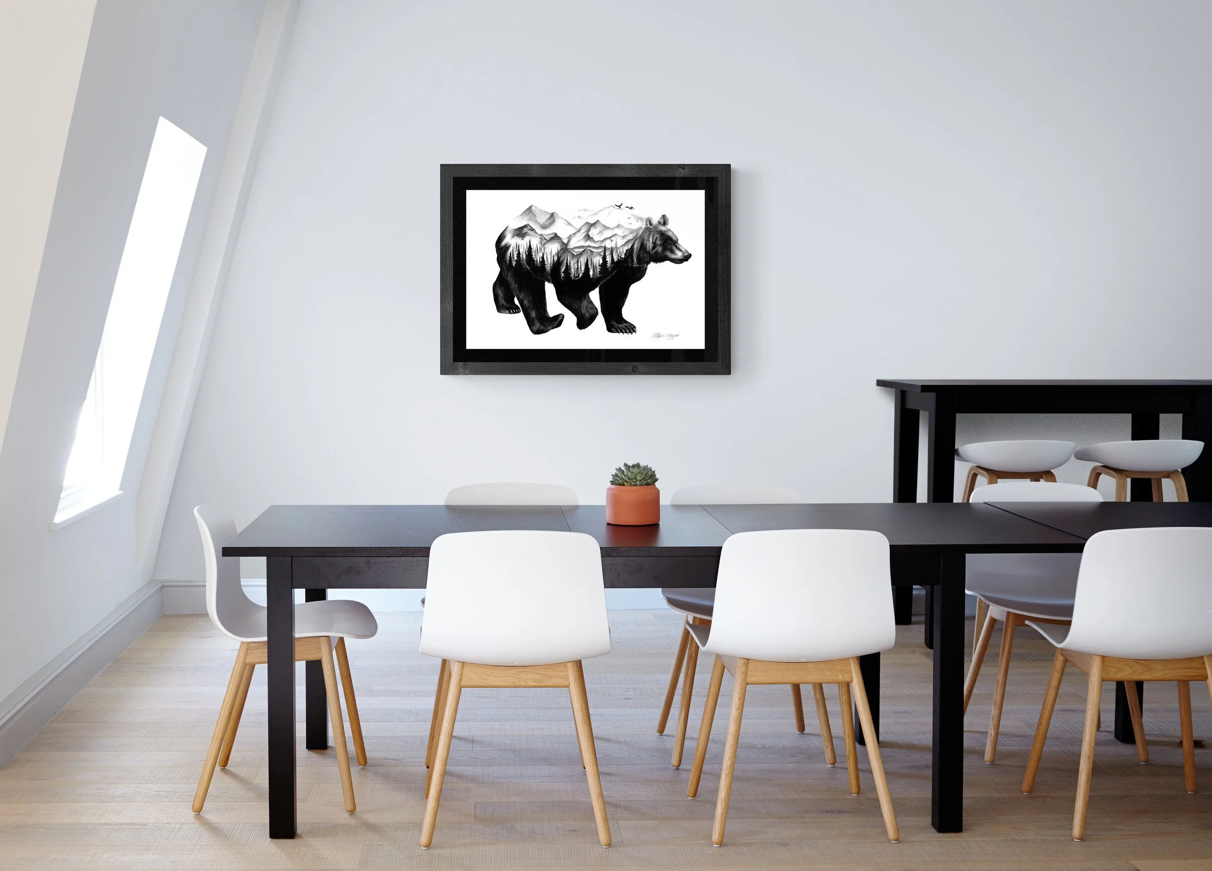 black bear fine art print in frame hanging over table, double exposure black and white bear art print