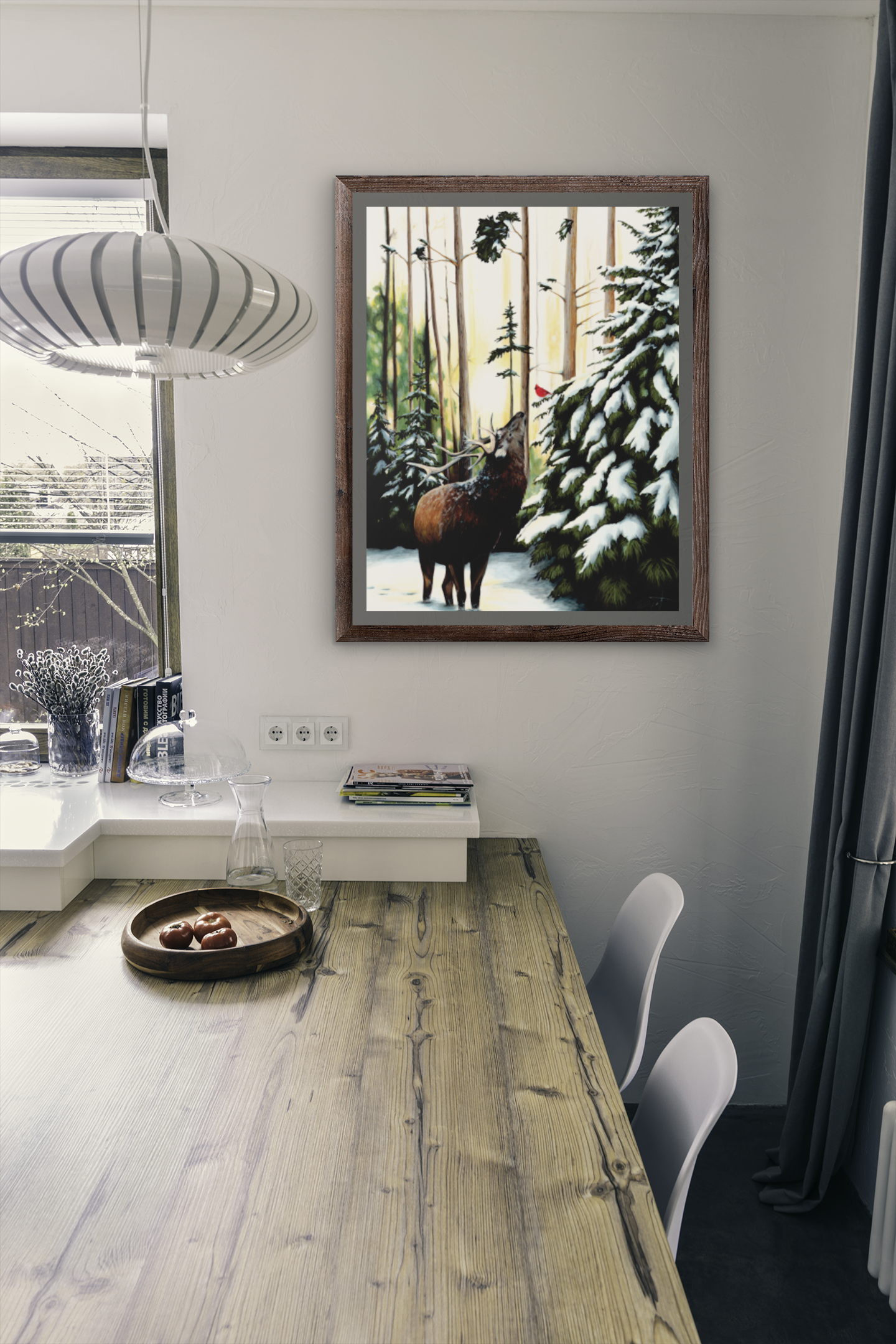 elk and cardinal in the snow, snowy forest in the winter art print in brown frame hanging over table