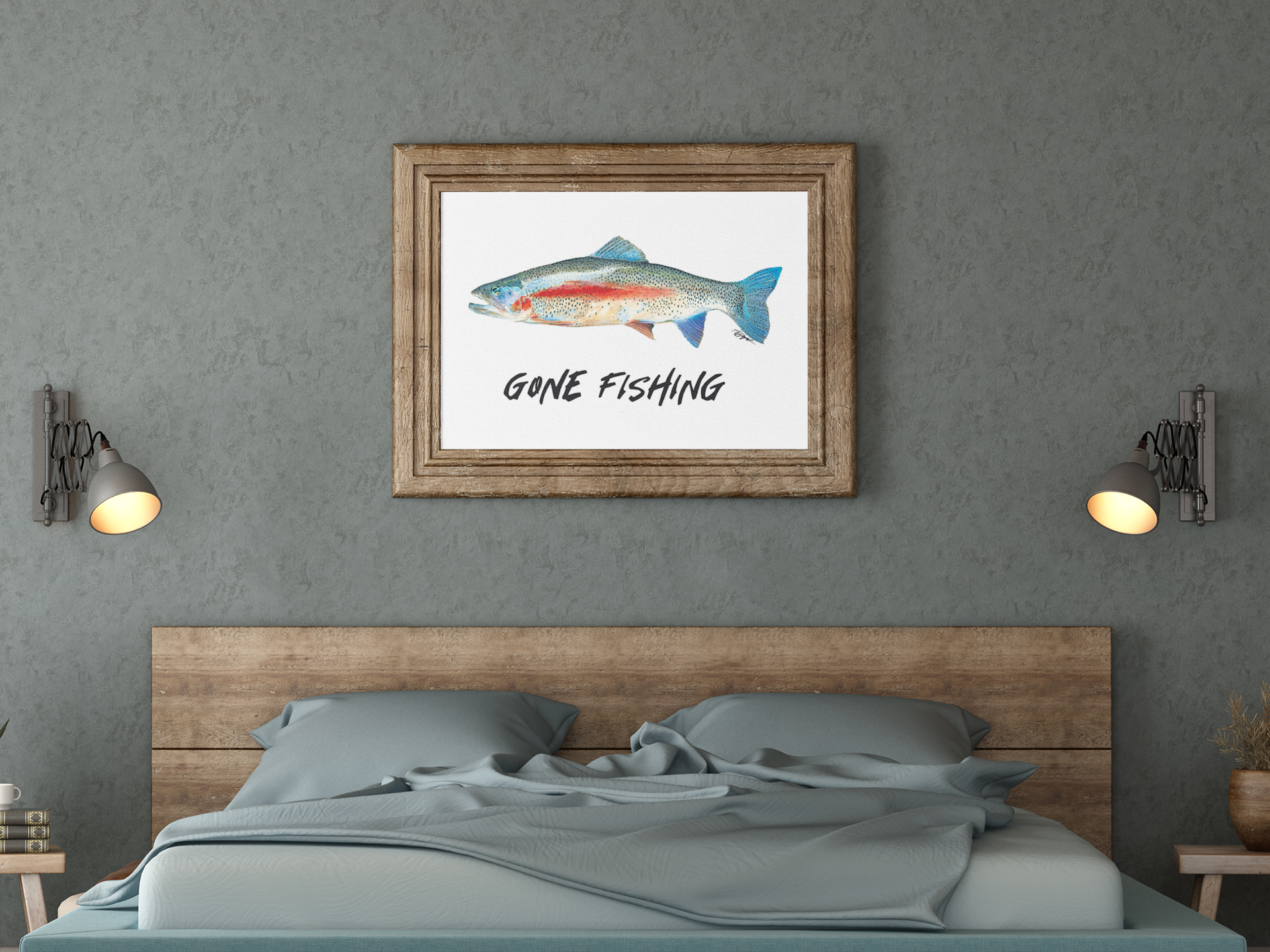 rainbow trout fine art print hanging in wooden frame over bed, gone fishing wall art