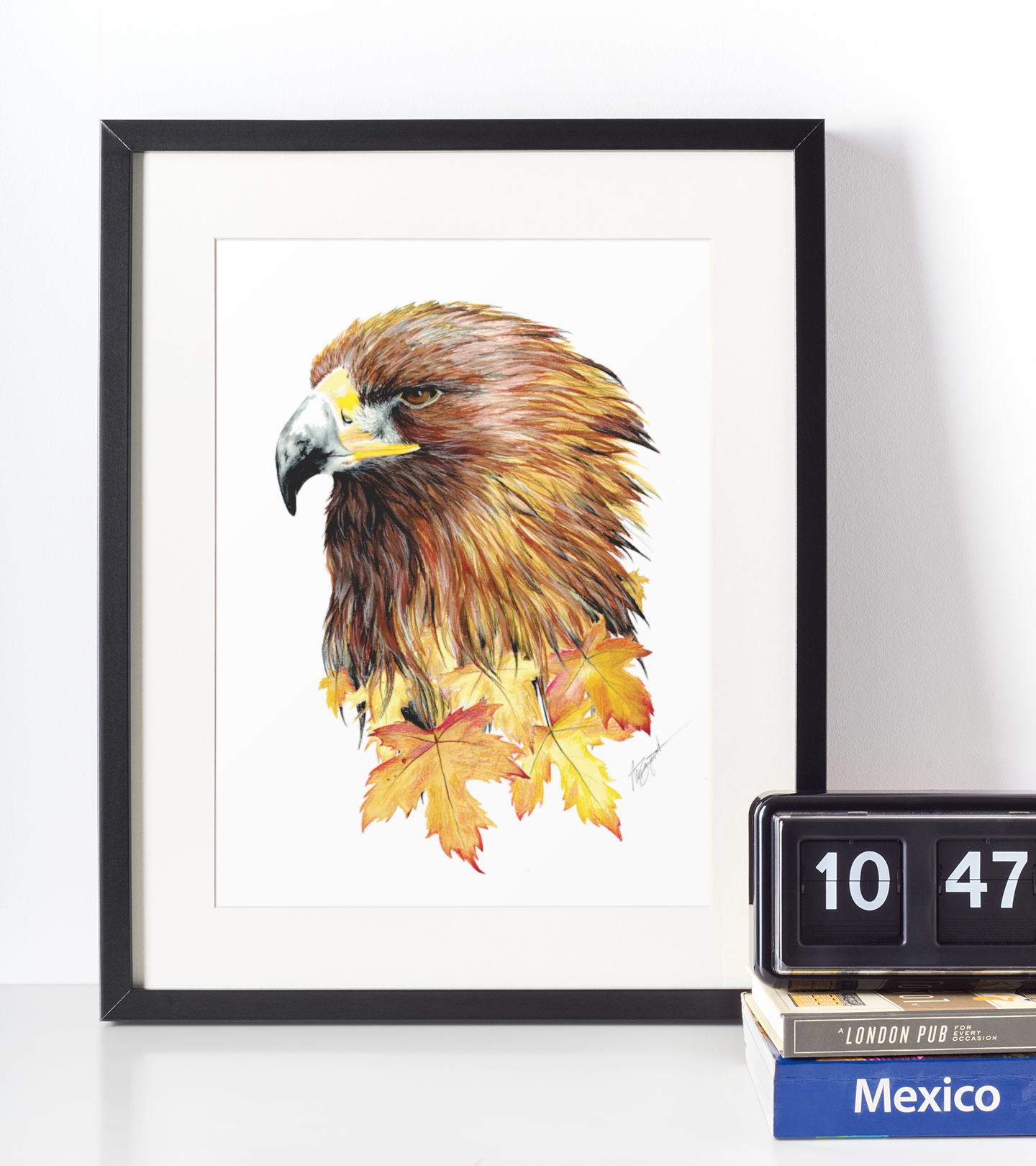 golden eagle and leaves art print in frame, double exposure eagle wall art