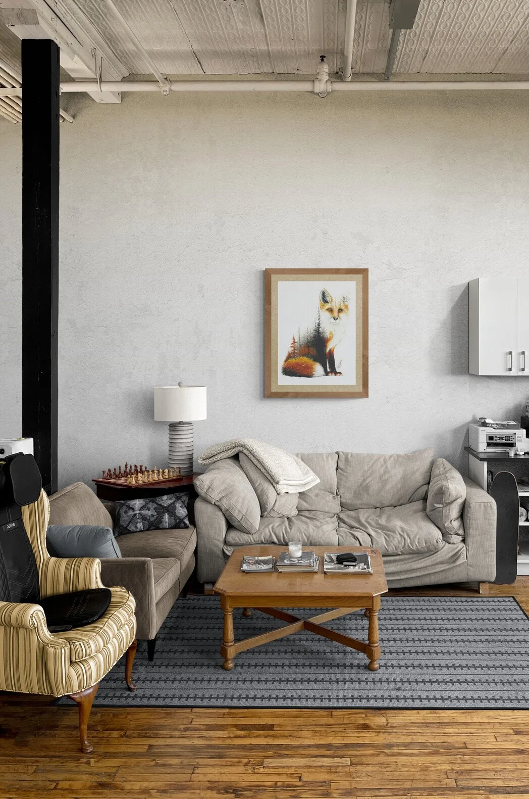 red fox in wooden frame hanging on wall over couch