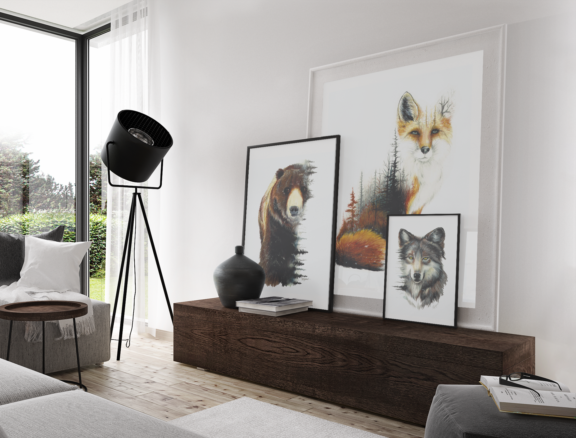three frames sitting on table, fox print, brown bear print, wolf print