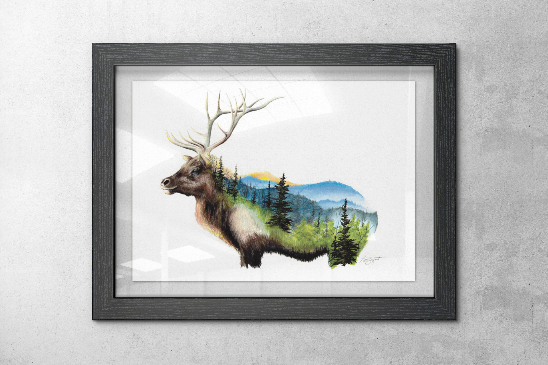 elk fine art print in black frame hanging on wall, double exposure elk art print