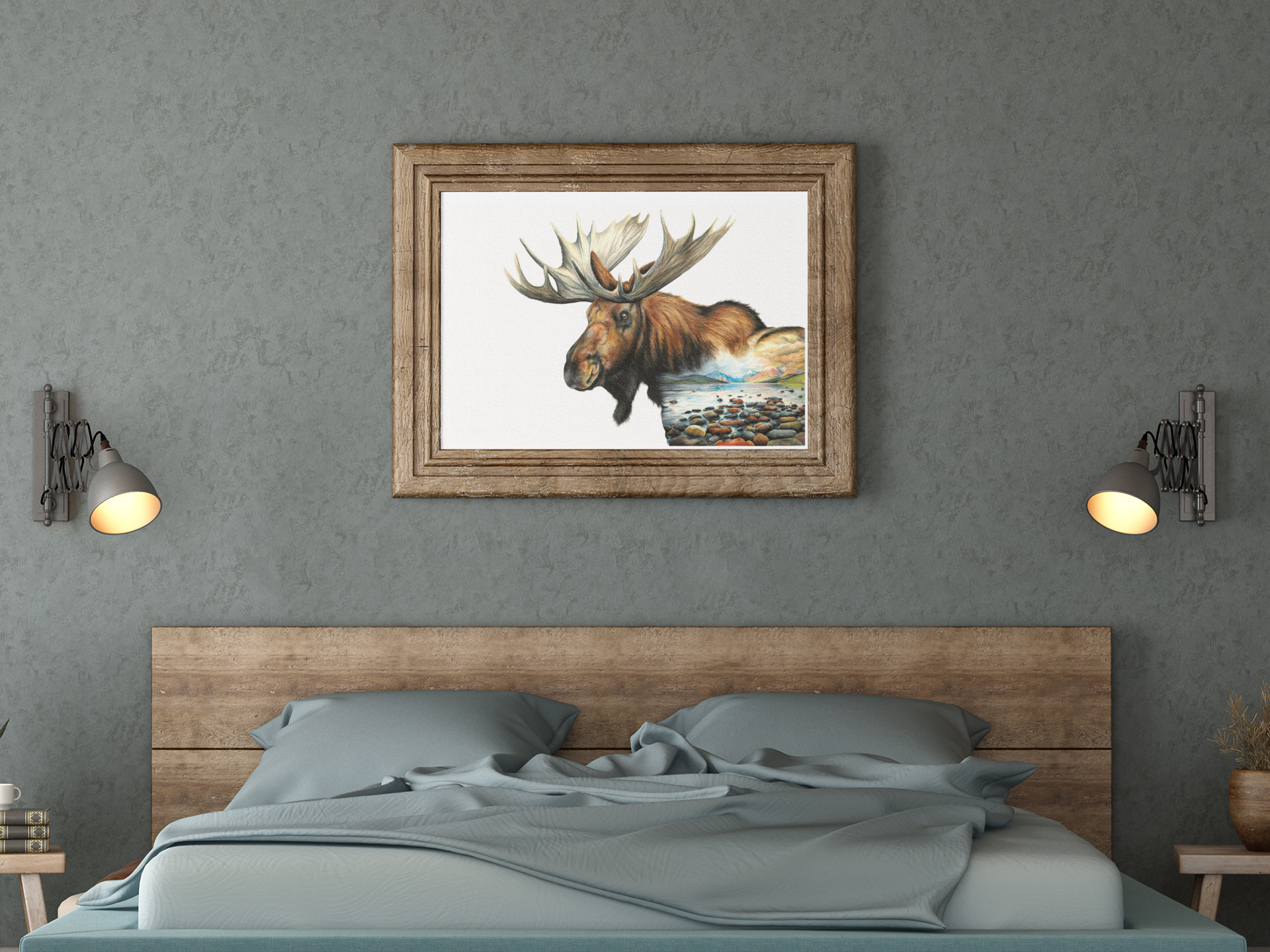 moose art print in brown frame hanging on wall over bed