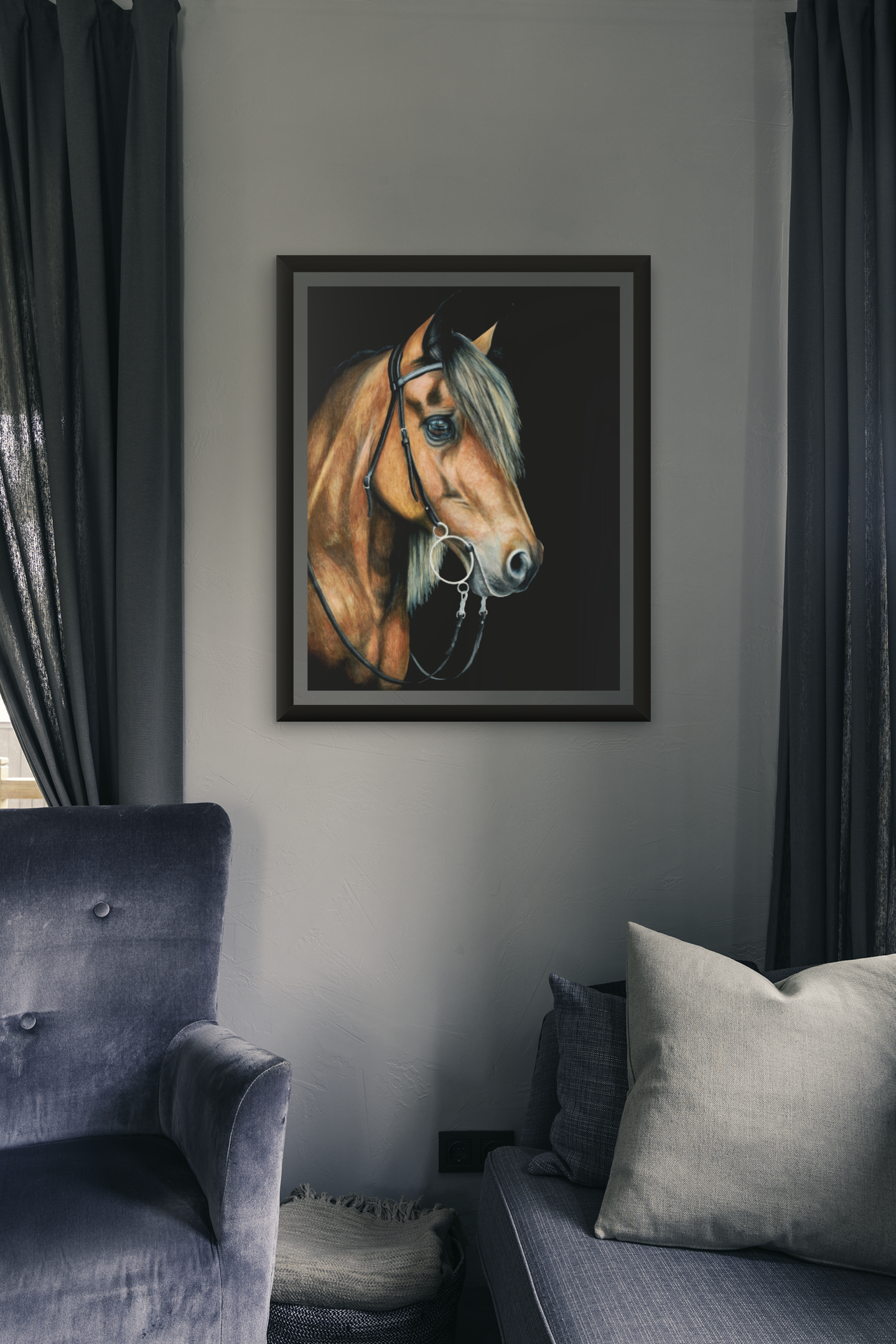 brown horse with black background art print in frame hanging on wall over chair