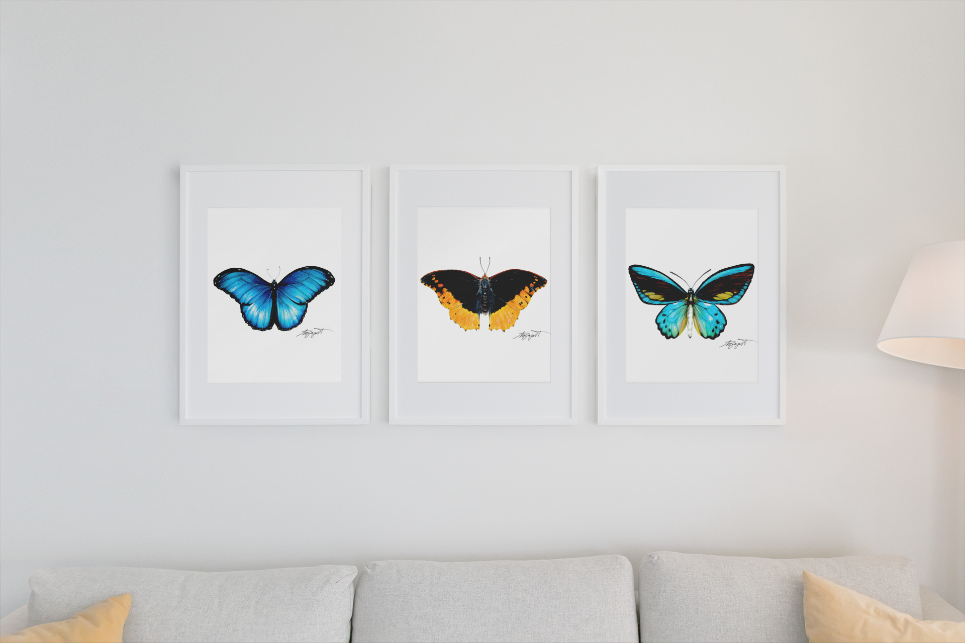 Three frames hanging on wall, three butterflies art prints hanging on wall (Copy)