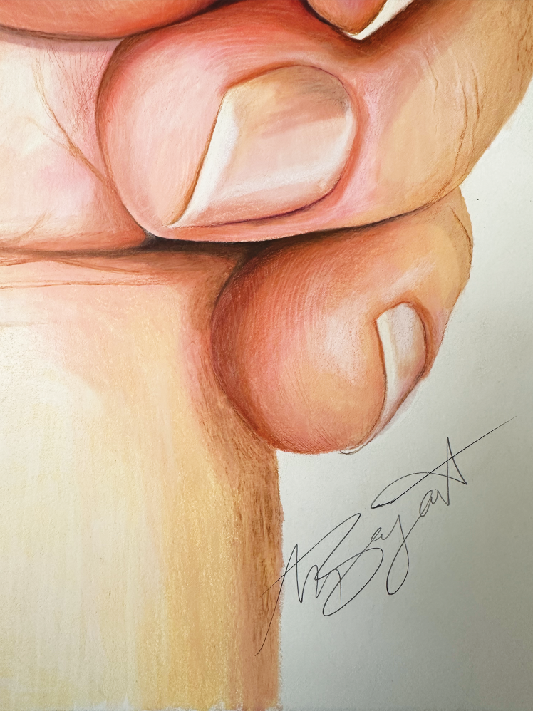 mother's hand holding baby's hand fine pencil art drawing close up.png