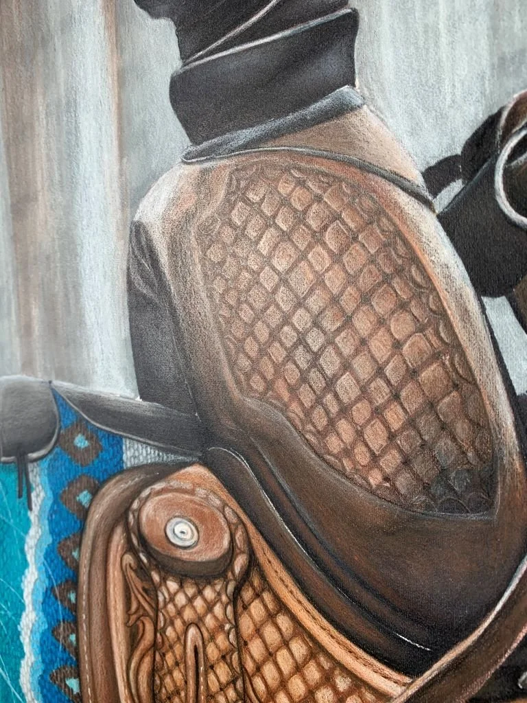 Saddle leather fine art drawing, colored pencil horse saddle art