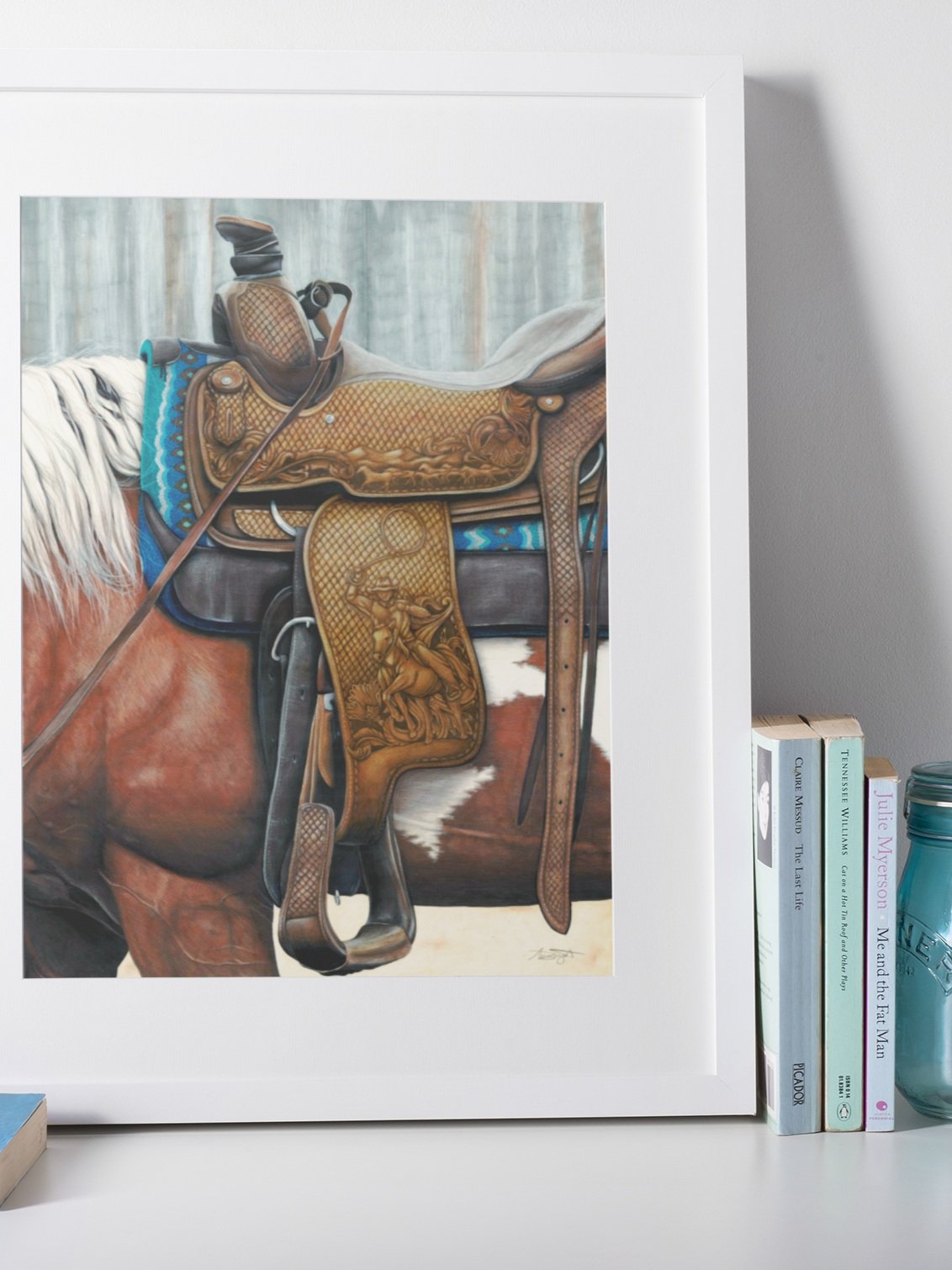 western art print, horse and saddle print, paint horse, leather saddle, fine art print, art in frame