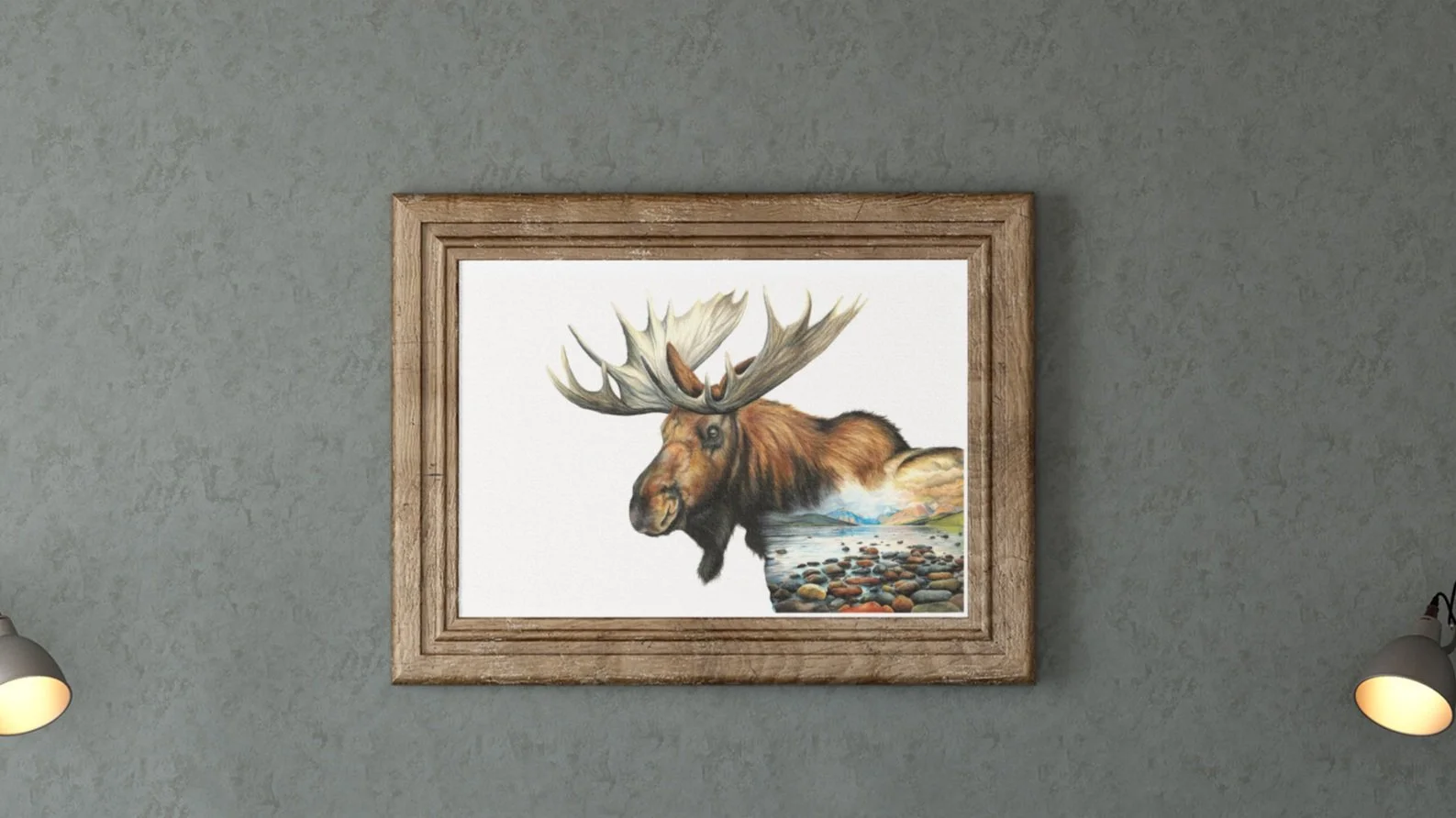 moose fine art print hanging in frame on wall