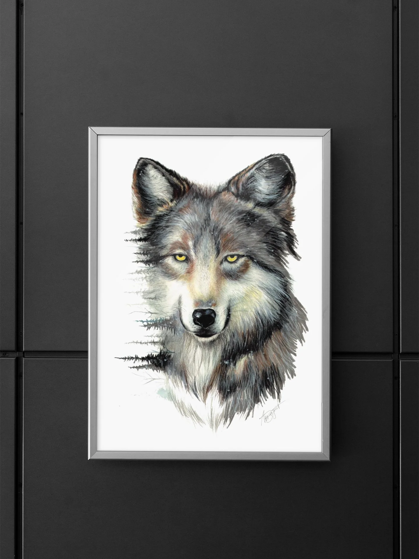 wolf art print frame hanging on gray wall, double exposure wolf face art, framed wolf art