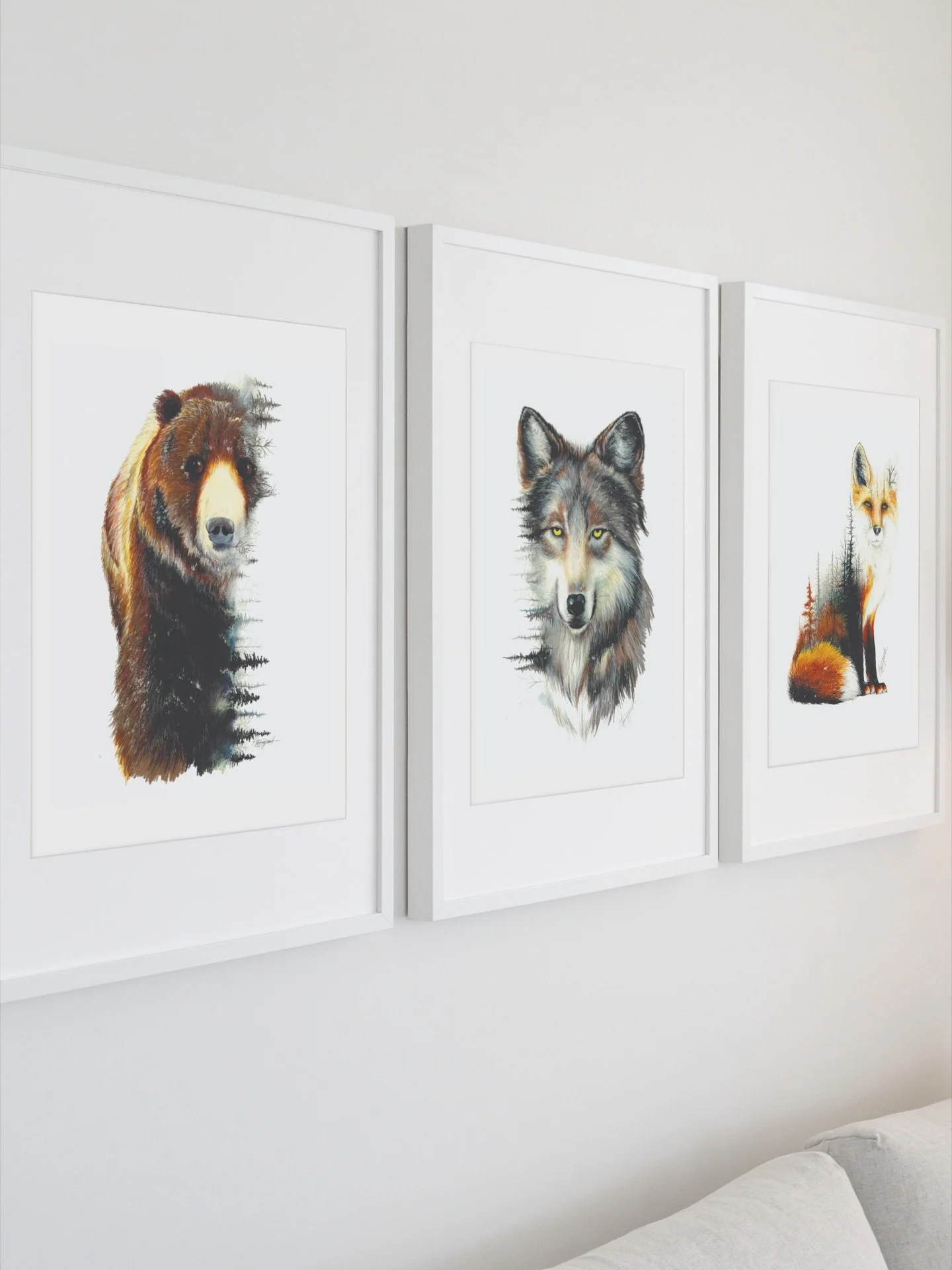 three art prints hanging on wall, bear wolf fox art, framed wall art