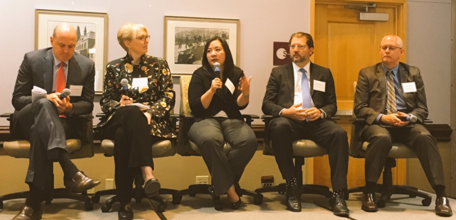 DC's education executives speak on the state of graduation in DC. From left: Scott Pearson, Executive Director of DC Public Charter School Board; Jennie Niles, Deputy Mayor for Education; Hanseul Kang, State Superintendent of Education; David Grosso, DC Councilmember and Education Committee Chairman; and John Davis, Interim Chancellor of DC Public Schools.