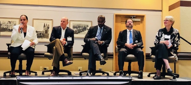 DC's education executives discuss the state of graduation in DC. From left: Moderator Kim Ford; Scott Pearson, Executive Director of DC Public Charter School Board; Antwan Wilson, Chancellor of DC Public Schools; David Grosso, DC Councilmember and Education Committee Chairman; and Jennie Niles, Deputy Mayor for Education.