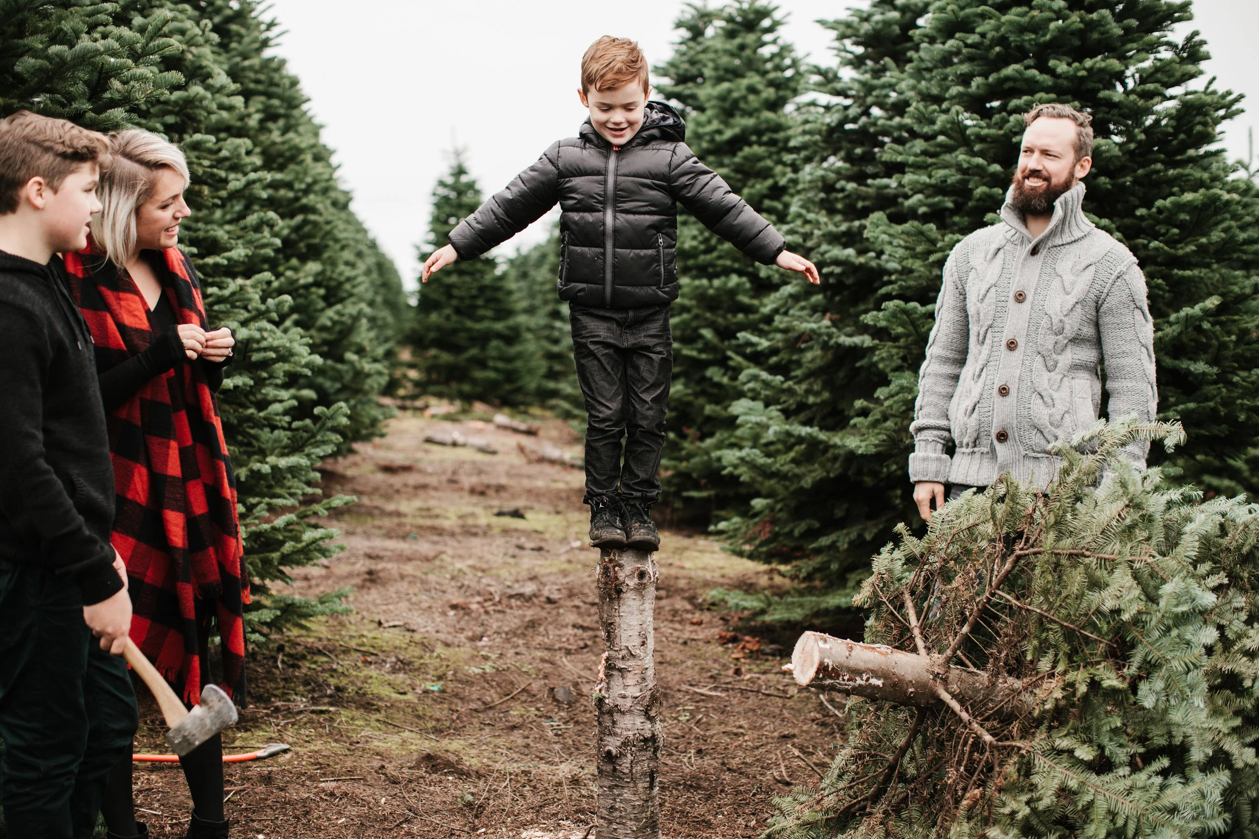young boy standing on tree stump