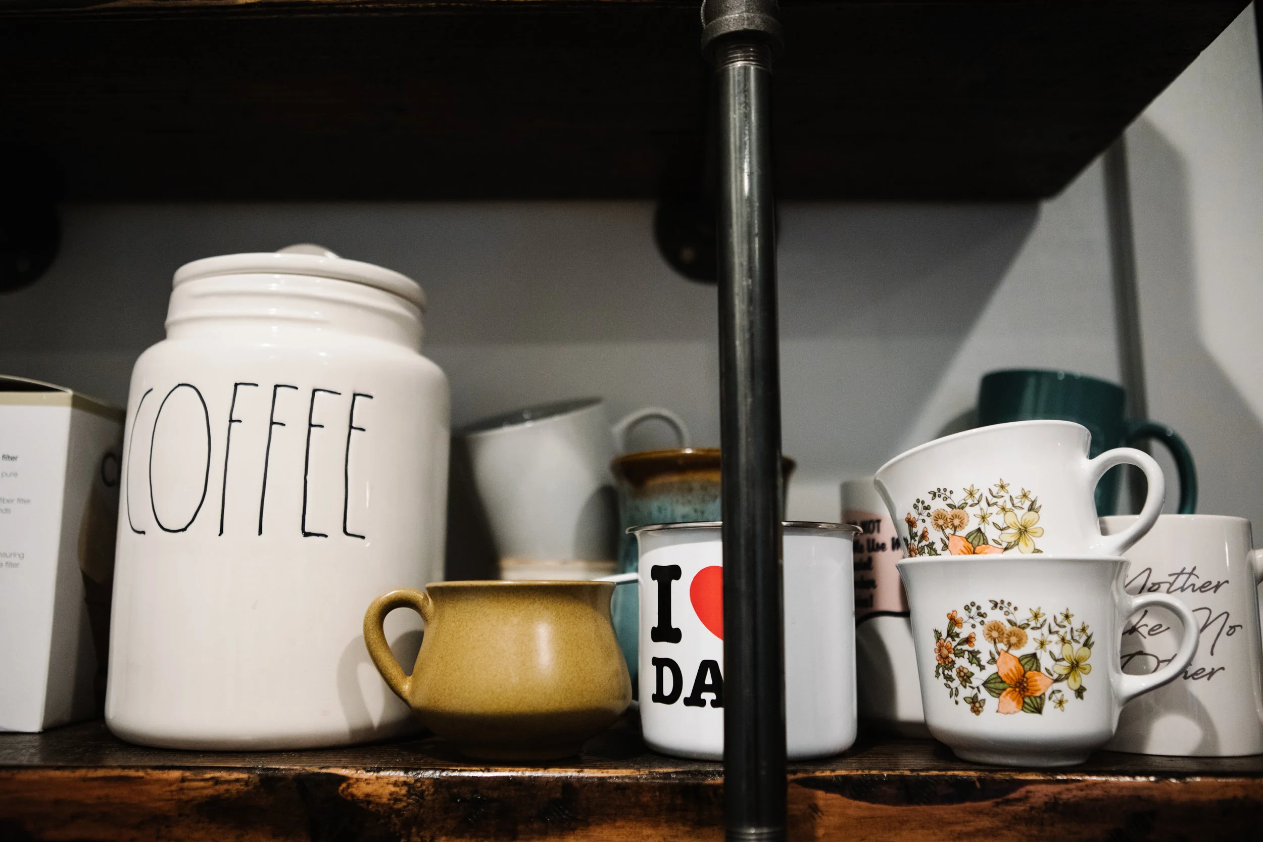 Coffee mugs on shelf