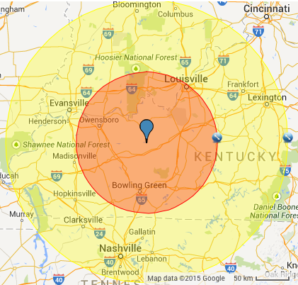 Orange radius of 60 miles; yellow radius of 120 miles.