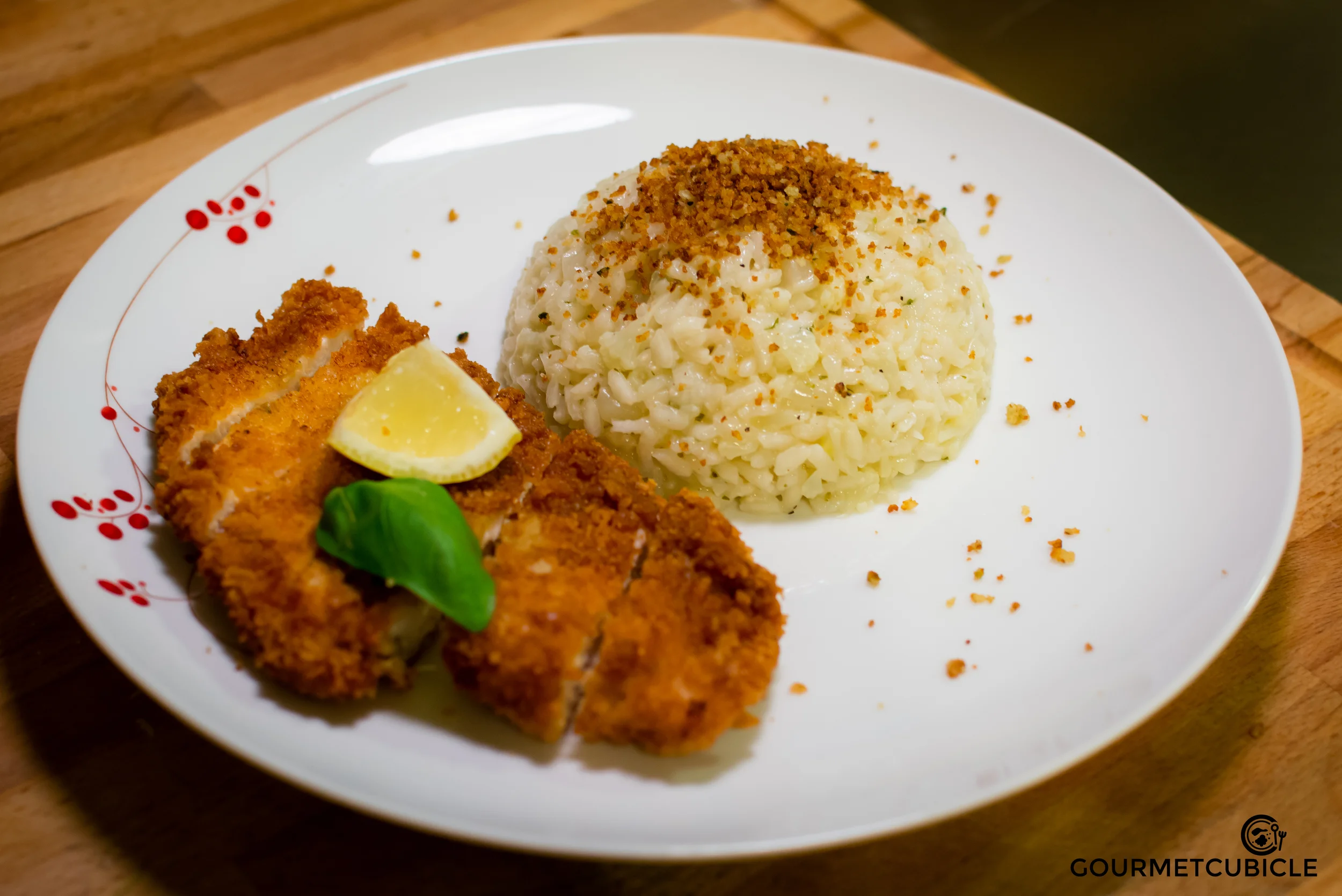 Cauliflower Risotto with Chicken Schnitzel and Pangrattato