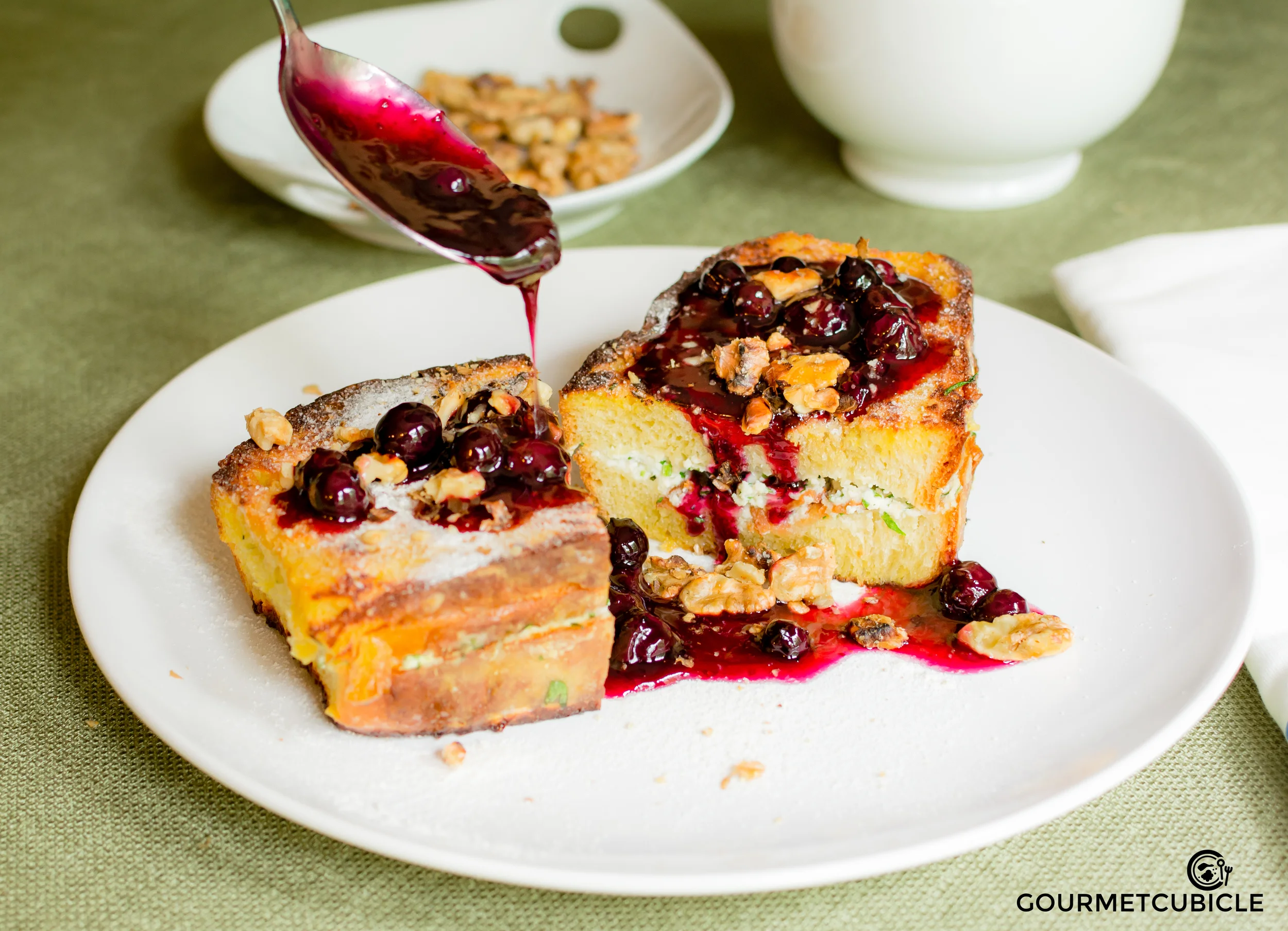 Ricotta Bacon Stuffed Pain Perdu with Blueberry Flambé