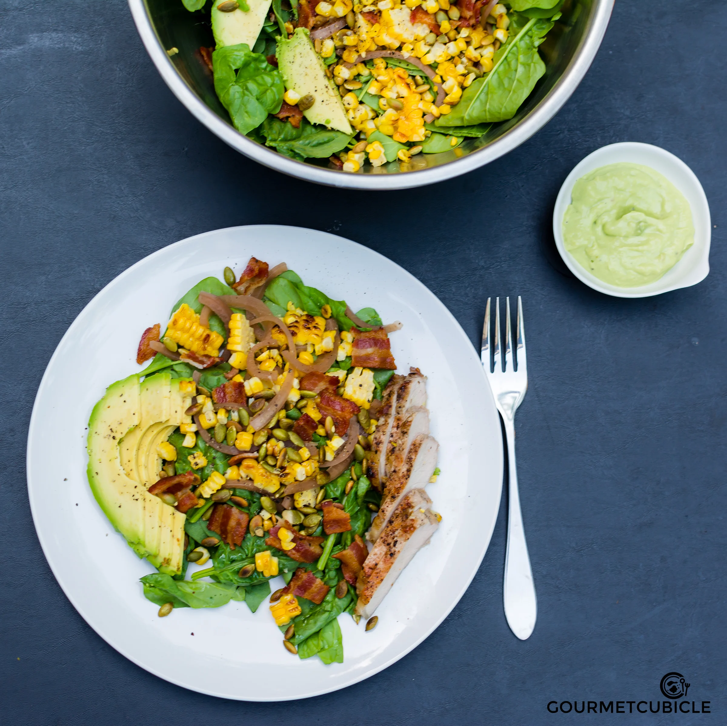 Grilled Corn and Spinach Salad with Avocado Yogurt