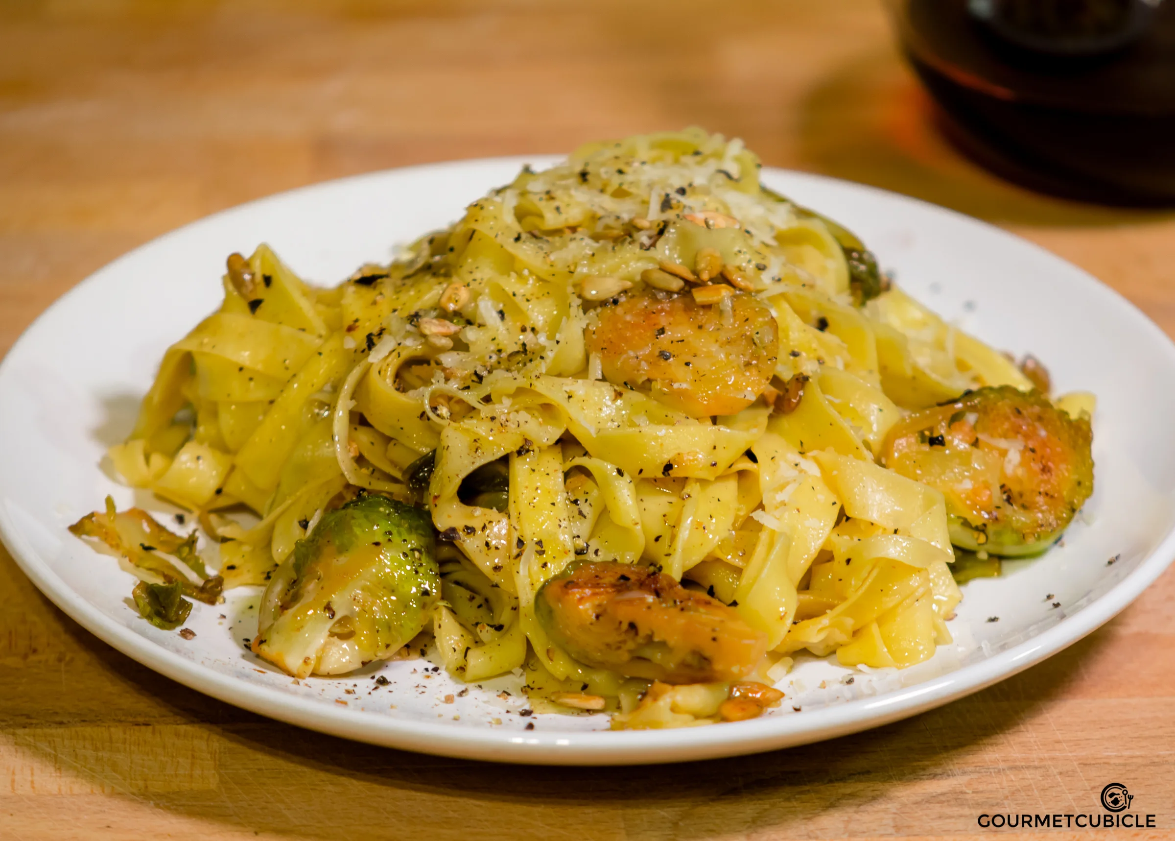 Homemade Tagliatelle Cacio e Pepe with Brussels Sprouts