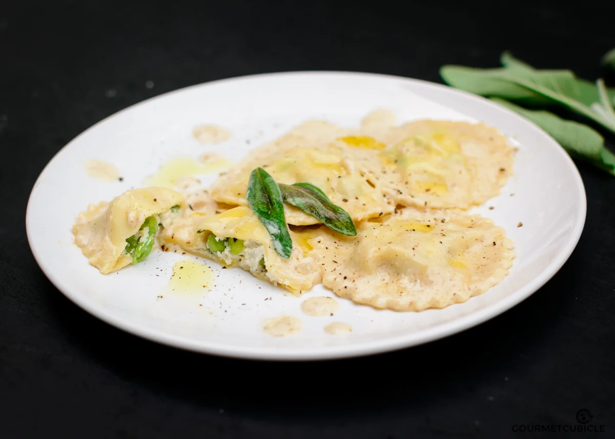 Homemade Green Pea and Ricotta Ravioli with Creamy Sage Sauce