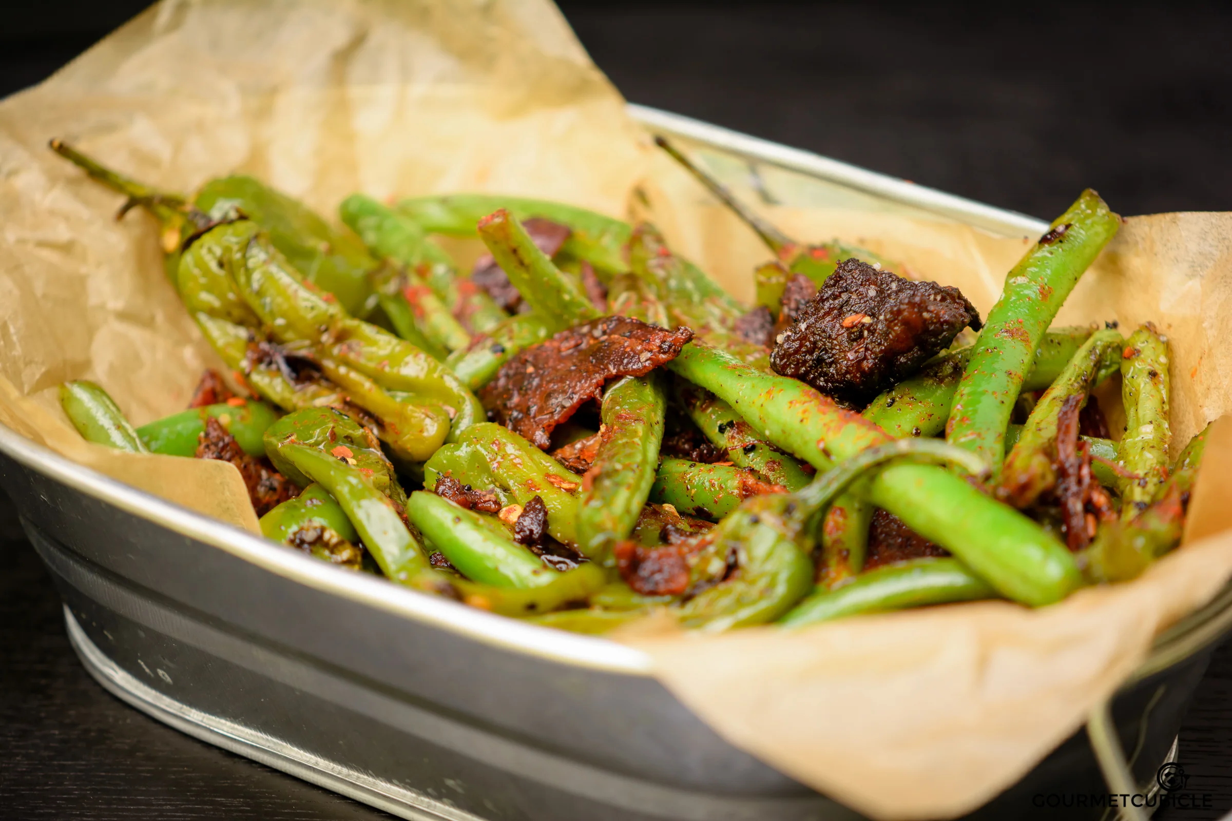 Blistered Green Beans and Shishito Peppers with Crispy Bacon