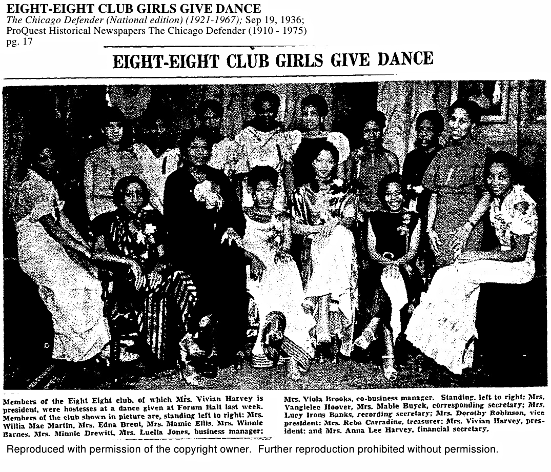Title: Eight Eight Girls Give Dance Date: Sept. 19, 1936 Source: The Chicago Defender