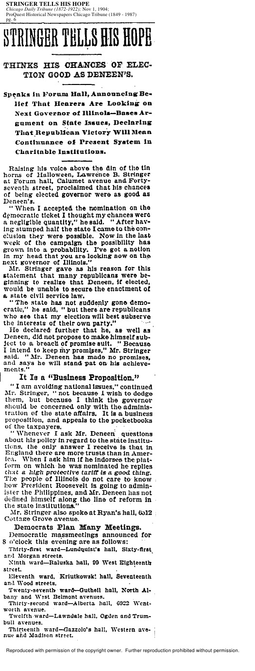 Title: Stringer Tells His Hope Date: November 1, 1904 Source: Chicago Daily Tribune
