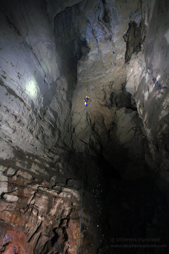 Perhaps the single most defining drop in all of Fool's Day is the exit drop from the Bowl Hole Series. The Space Drop is a 252-foot span of rope that touches nothing the entire distance. It is a grand entrance into the depths of Sistema Huautla and lands a caver 2,034 feet below the surface of the earth.