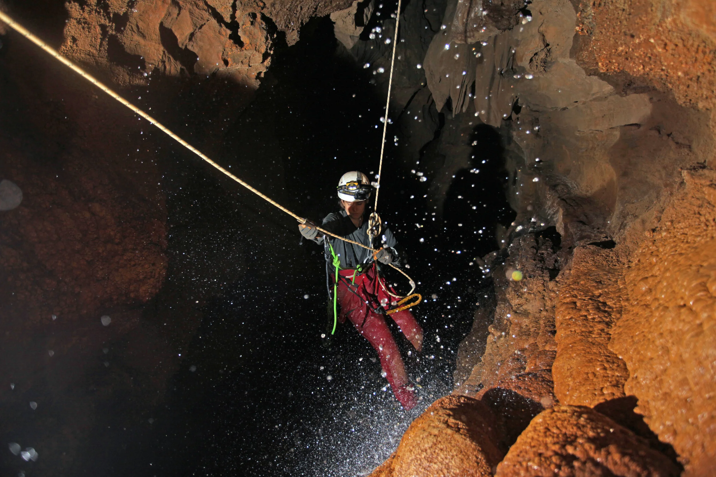 Negotiating an awkward section of rope-work in the heart of the Bowl Hole Series.