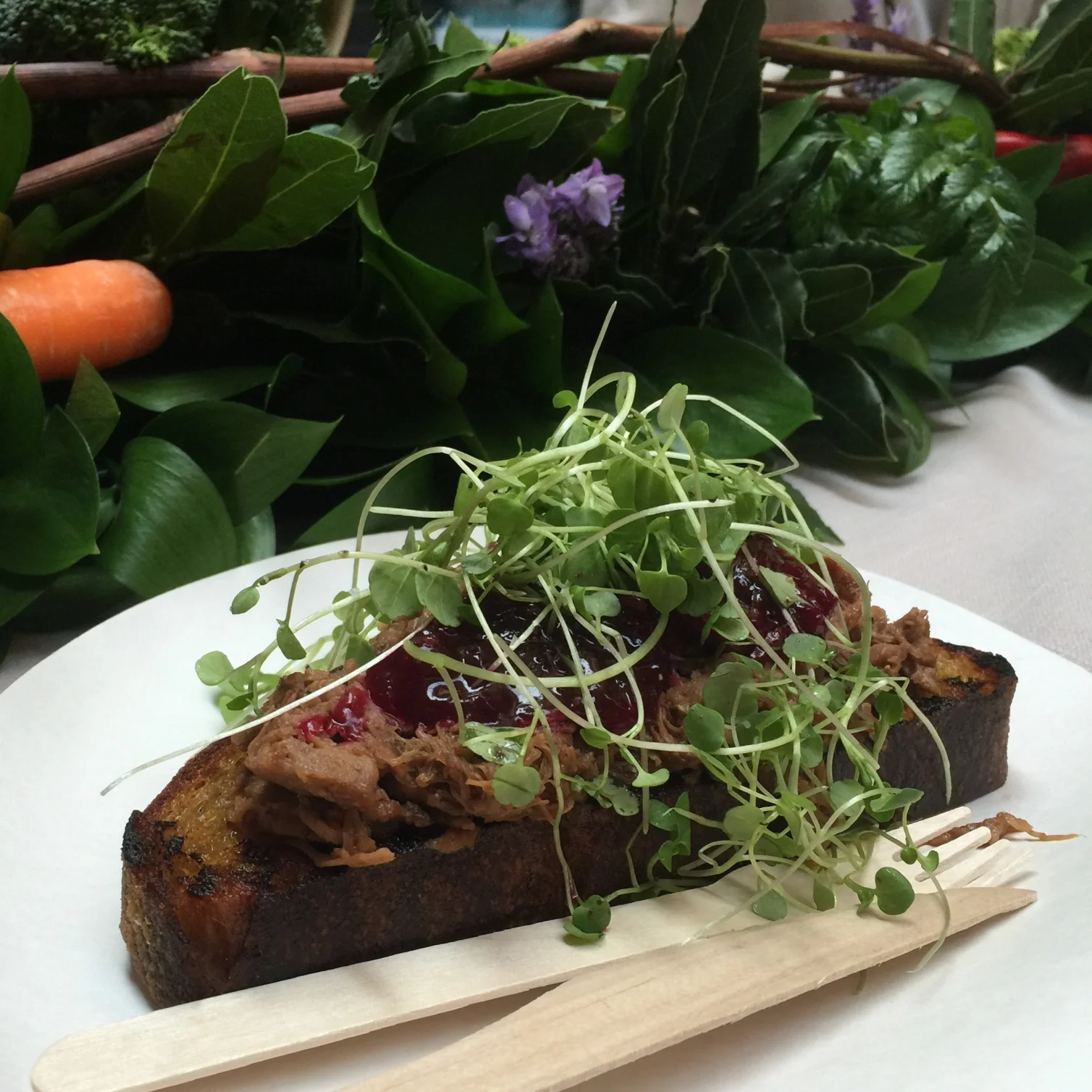 Slow roasted lamb, kumara sourdough, watercress and beetroot relish