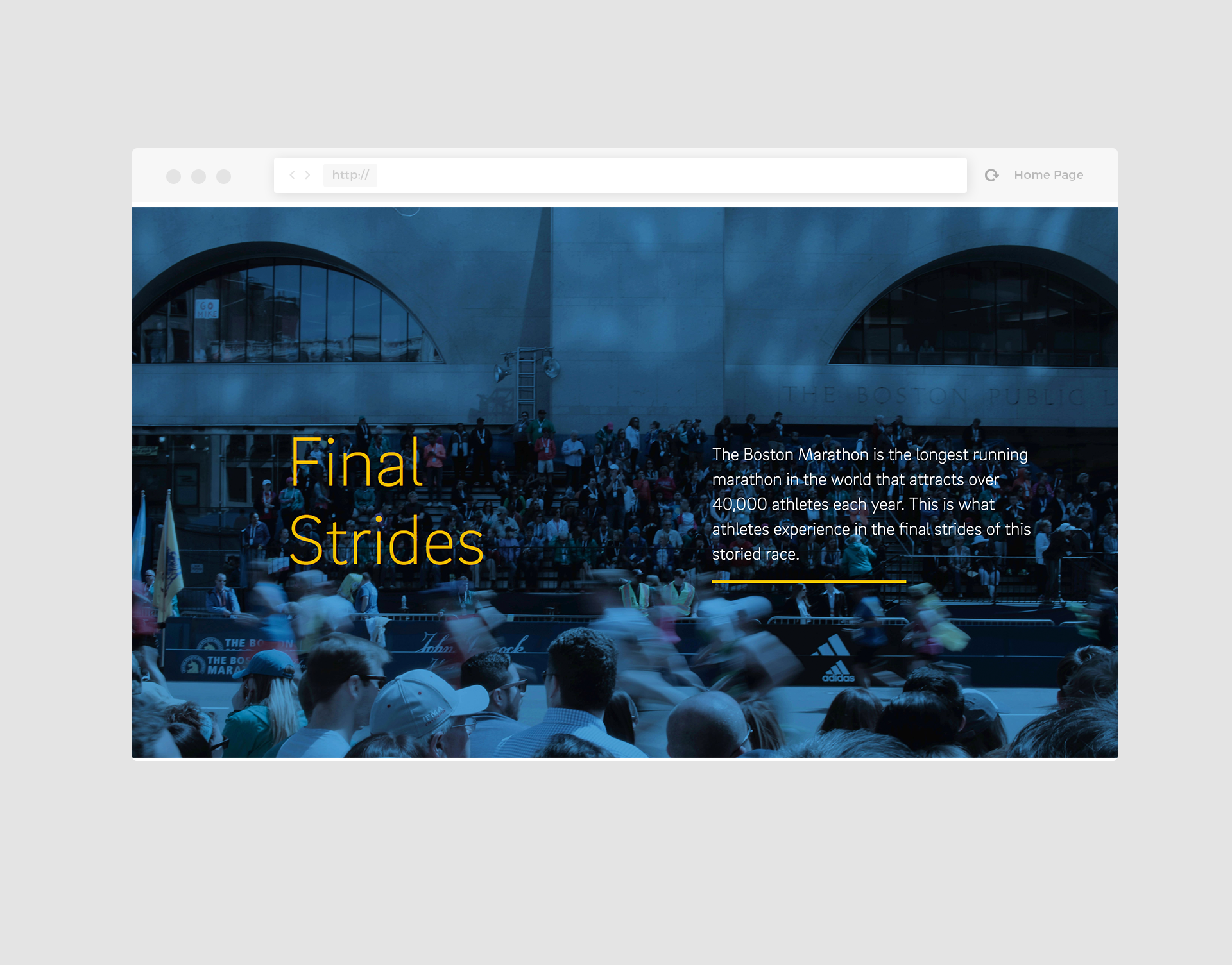 The assignment—make a website that can be used as a guidance system. That's it. With very little direction, I decided to combine my love of running and the Boston Marathon into a website that guides users from campus to the legendary finish of the world's oldest marathon. As users scroll down the website, commentary from past Boston Marathons begins to play in order to recreate the special moment that runners experience as they turn onto Boylston street.