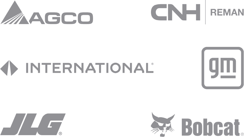 Collection of logos from various companies, including AGCO, CNH REMAN, INTERNATIONAL, GM, JLG, and Bobcat.