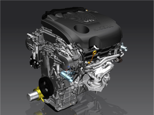 Nissan's VQ-Series V6 engine returns to Ward's top ten list. With the latest variant from the new Maxima, the venerable engine makes its 15th appearance on the list since 1995. With 61% of its parts redesigned, the VQ makes its first appearance since 2008. Editors were impressed with the Nissan's strong mid-range torque and lively yet refined power delivery.