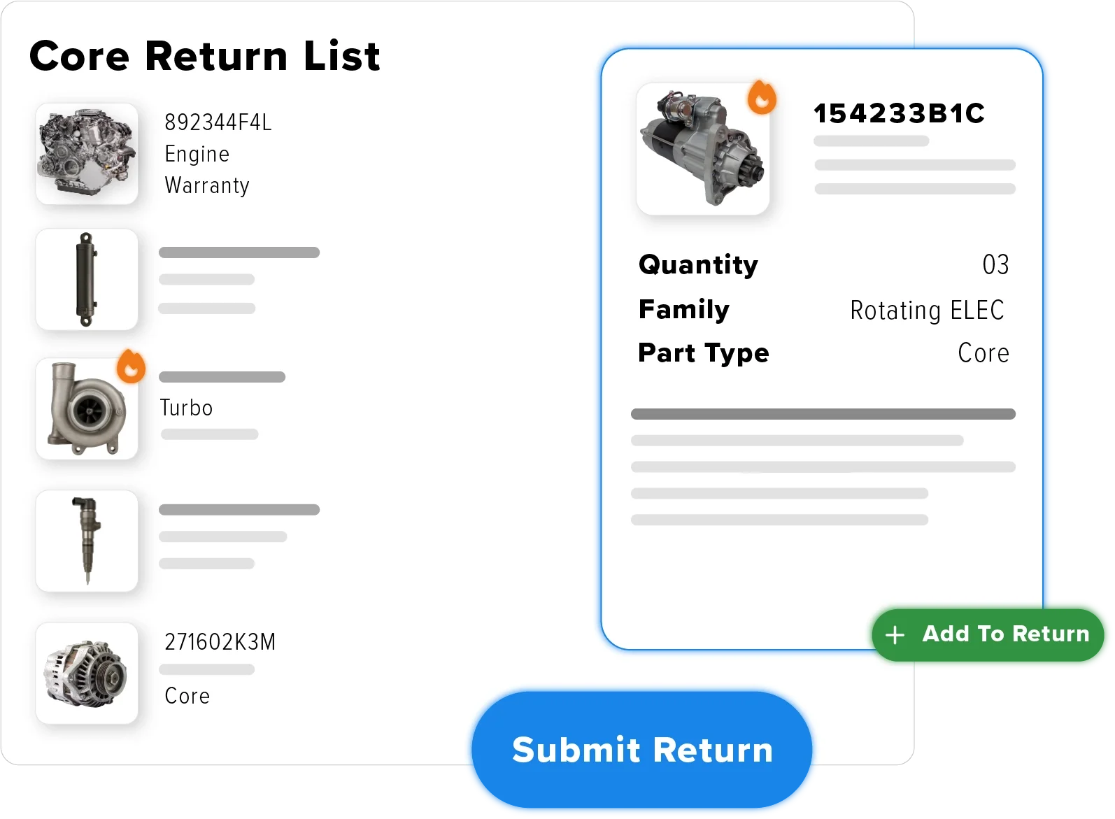 Mockup of return management software showing a return page with engine and turbo core parts