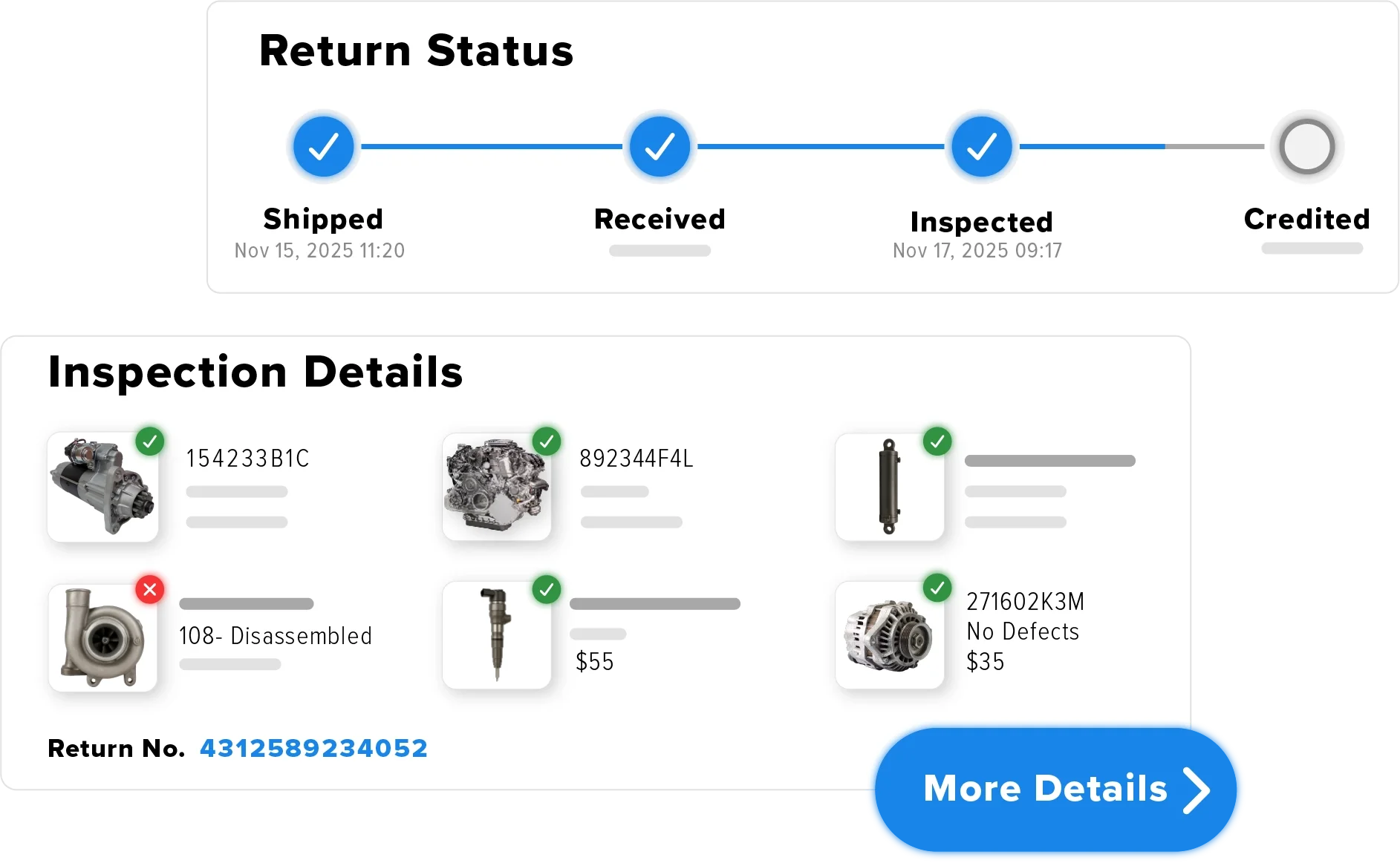 Mockup of return management software showing return status for specific parts such as turbos, spark plugs, alternators, and engines
