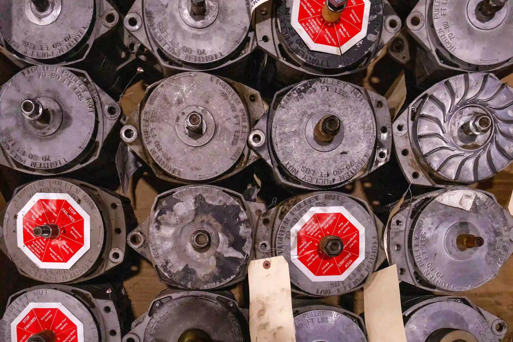 Close-up photo of multiple alternators grouped together