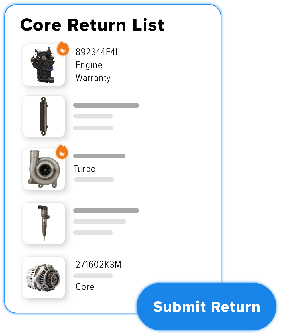 Software module interface displaying a list of potential core parts eligible for return, such as engines, spark plugs, turbochargers, and alternators.