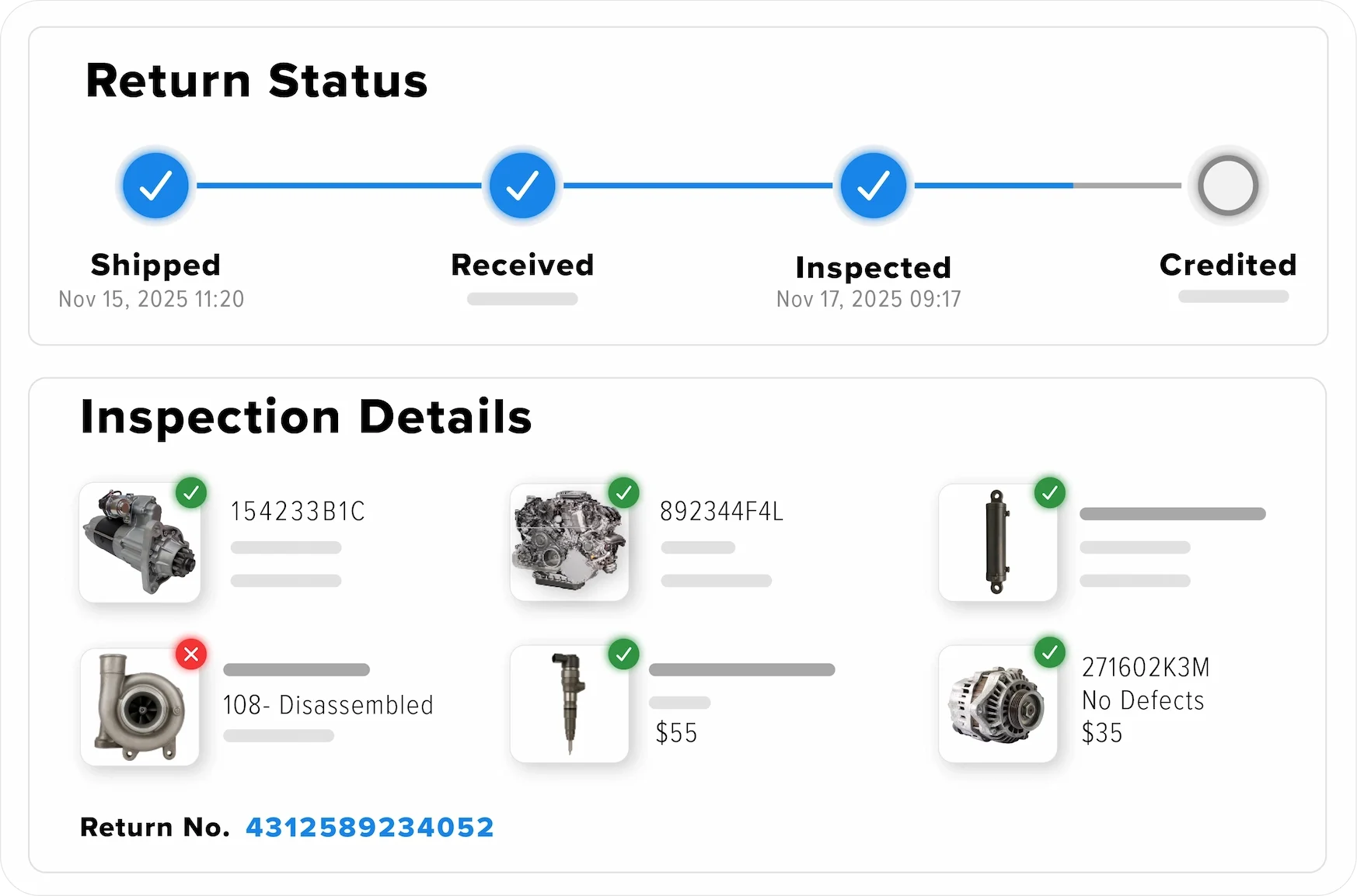 Mockup of return management software showing return status for specific parts such as turbos, spark plugs, alternators, and engines
