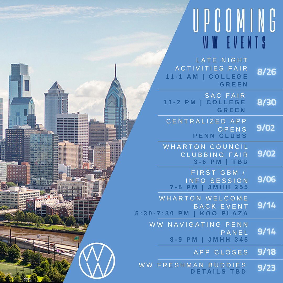 Join Wharton Women! Here's where we will be over the next few weeks if you want to learn more. 

And stay tuned for a Q&amp;A with board on our story this weekend!