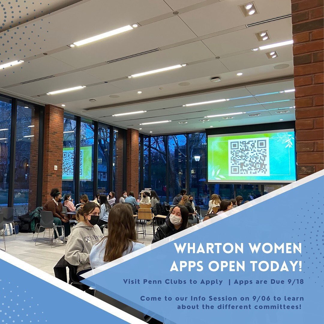 The Wharton Centralized App opens today! Make sure to fill it out by 9/18 to apply to our committees.

Want to learn more about our 11 open committees or meet the VPs that lead them? Come to our GBM on Tuesday night in JMHH 255!