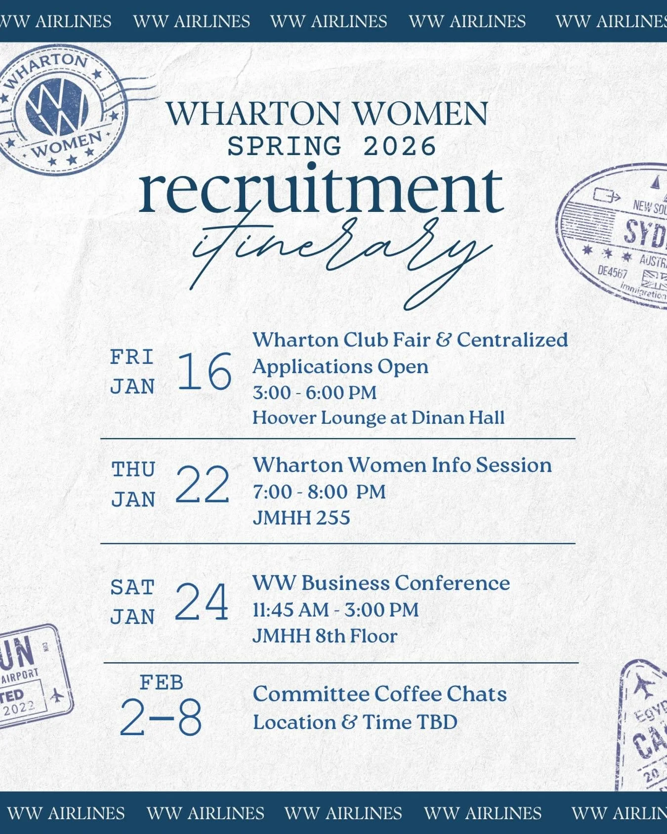 Our upcoming itinerary of events ✈️💙 We can&rsquo;t wait to meet you along the way!!