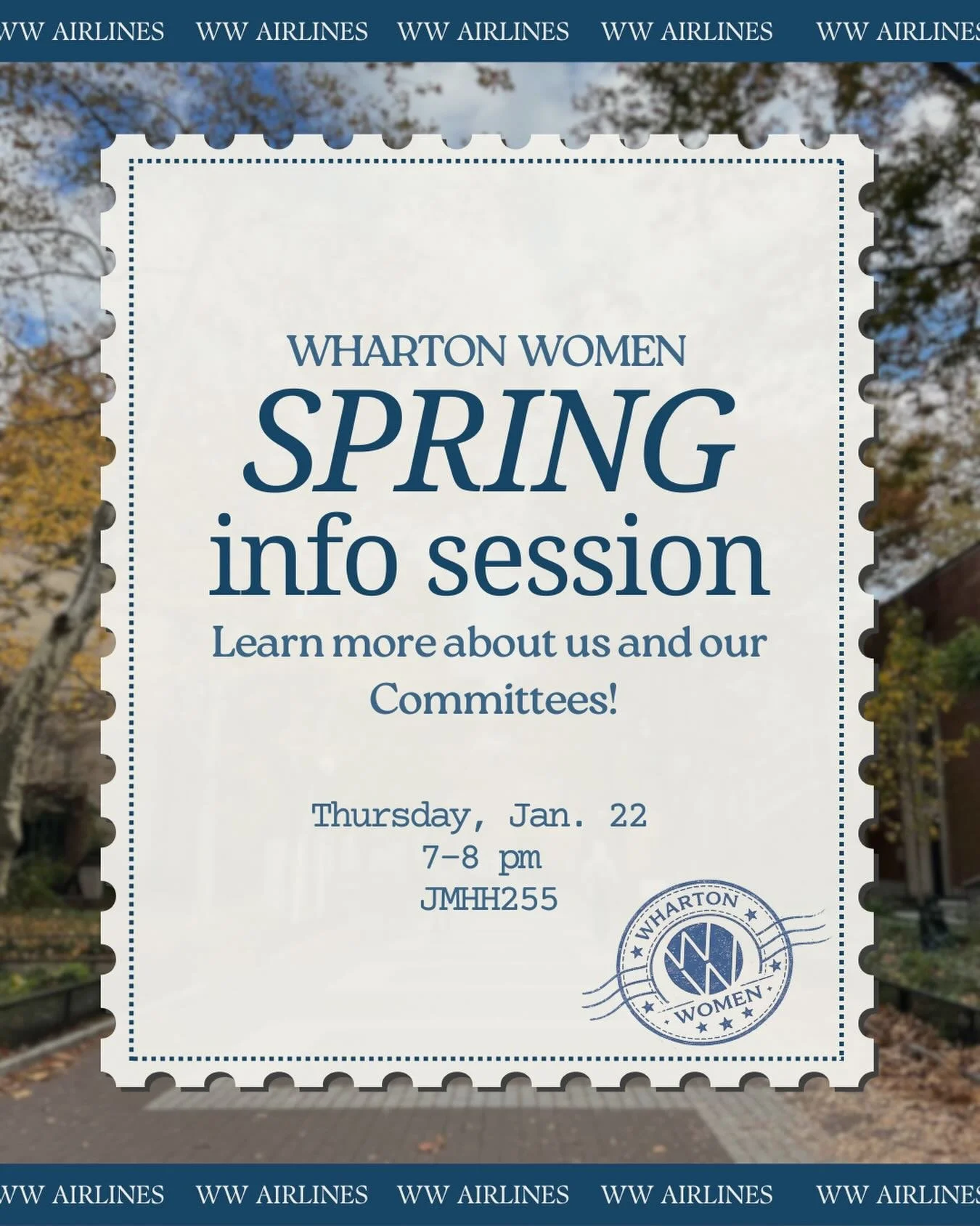 Join our Spring Info Session GBM to learn more about our committees and where WW can take you!! Our VPs are excited to chat and share information this Thursday 1/22 from 7-8 PM in JMHH 255!! 💙 

RSVP link  in bio