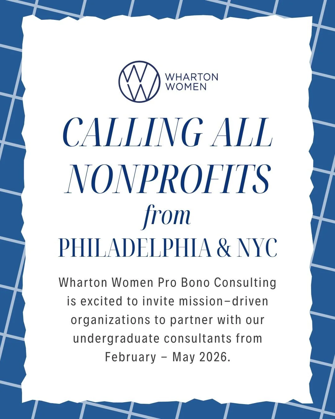 Are you a women-led nonprofit or startup looking for strategic support this spring?

Wharton Women Pro Bono Consulting is excited to invite mission-driven organizations to partner with our undergraduate consultants from February - May 2026.

Selected