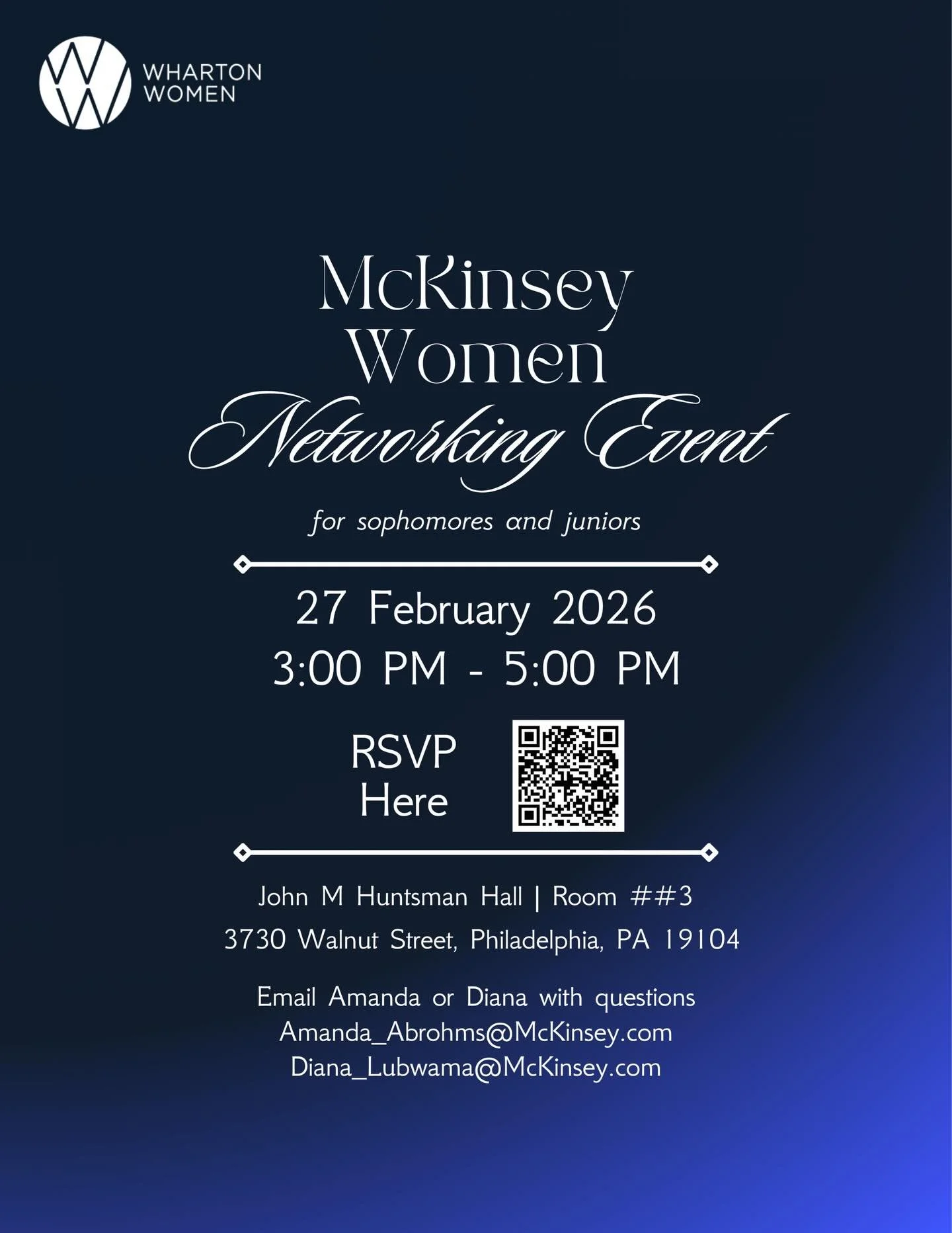 Join us for a keynote &amp; networking event with a McKinsey partner and Penn alum as she shares her journey, insights, and advice for thriving in the world of business. 

Friday, Feb. 27 
3-5 PM
JMHH F50

RSVP in bio