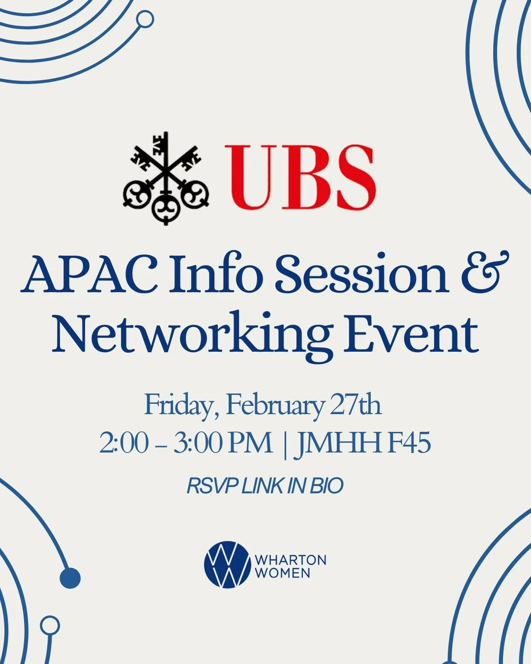 Join UBS APAC Sales &amp; Trading for an info session and networking event with UBS Managing Directors and Wharton alum. This is a great opportunity to learn more about and put your best foot forward for 2027 internship opportunities!!

Sophomores pr