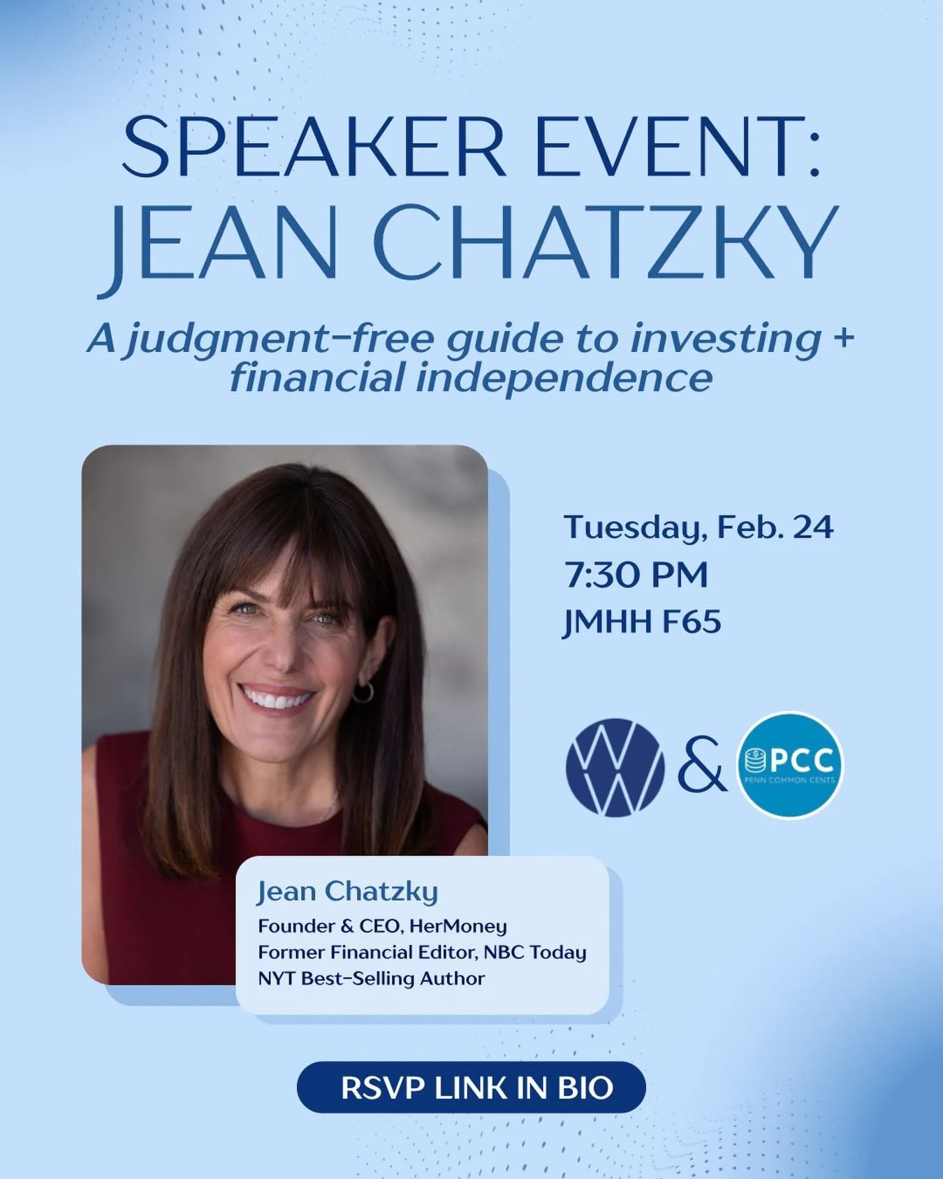Join @whartonwomen and @penncommoncents for a conversation with Jean Chatzky, founder and CEO of HerMoney and former 25-year Financial Editor for NBC&rsquo;s Today Show on February 24th at 7:30 pm. 

Jean will talk about how to take command of your f