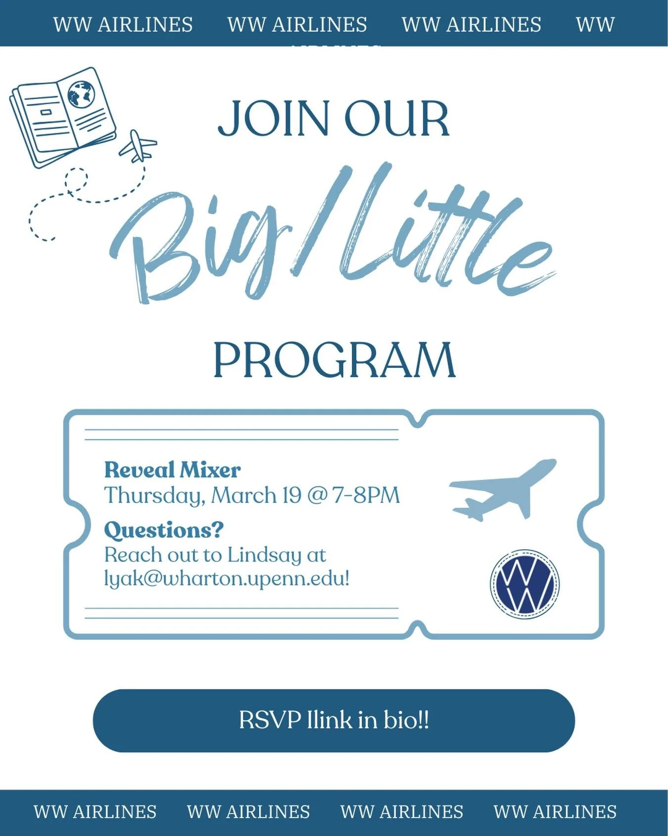 Looking for a mentor, or ready to be one? The Wharton Women Big &amp; Littles Program is your chance to build meaningful connections and be part of a supportive community!!💙

Join us at our Reveal Mixer: 
March 19, 7PM at JMHH F95

Fill the interest